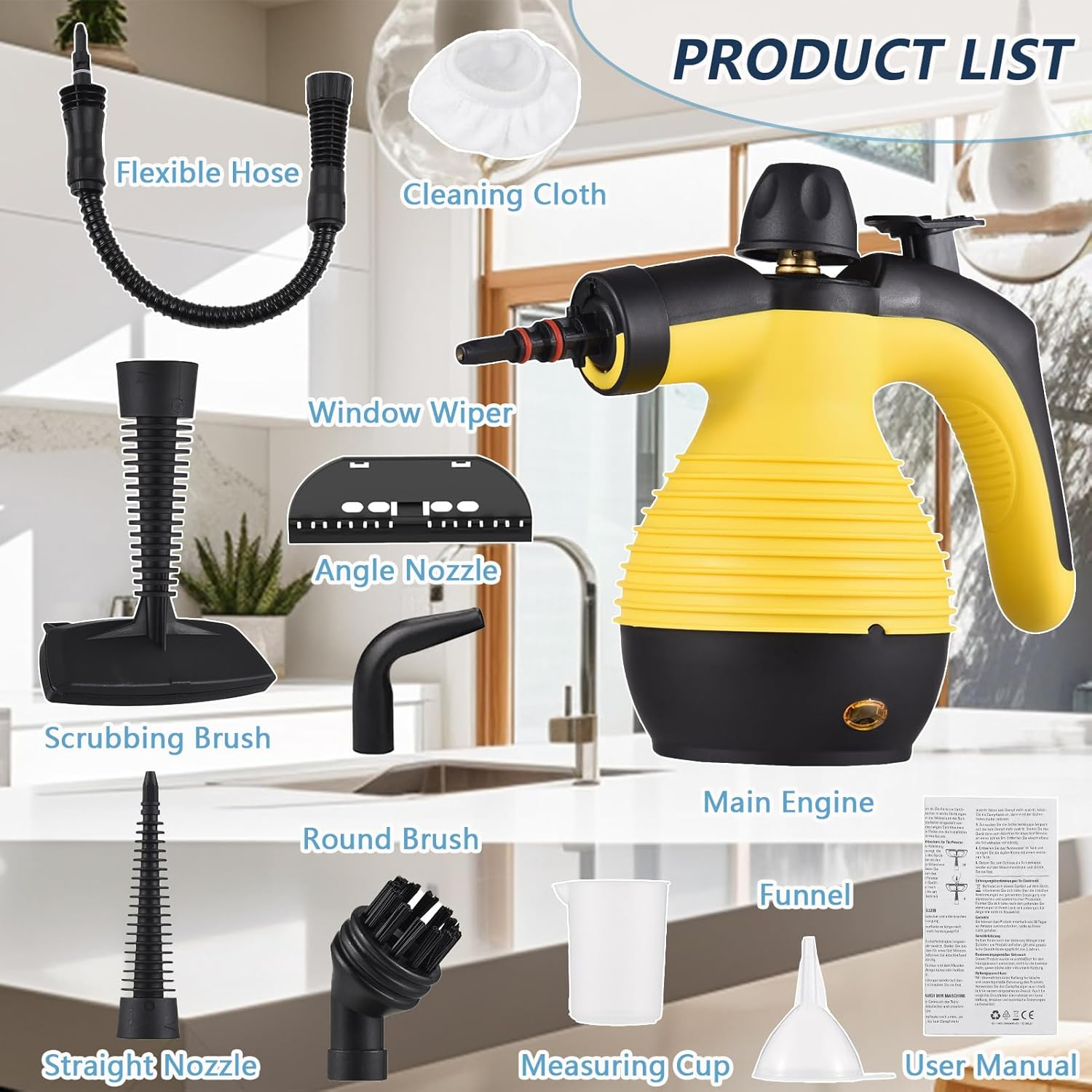 Handheld Steam Cleaner, Steamer for Cleaning, Multipurpose Portable Steam Cleaners for Home Use with Safety Lock and 9 Accessory Kit to Remove Grime, Grease, and More, save Time and Effort (Yellow) image number 5