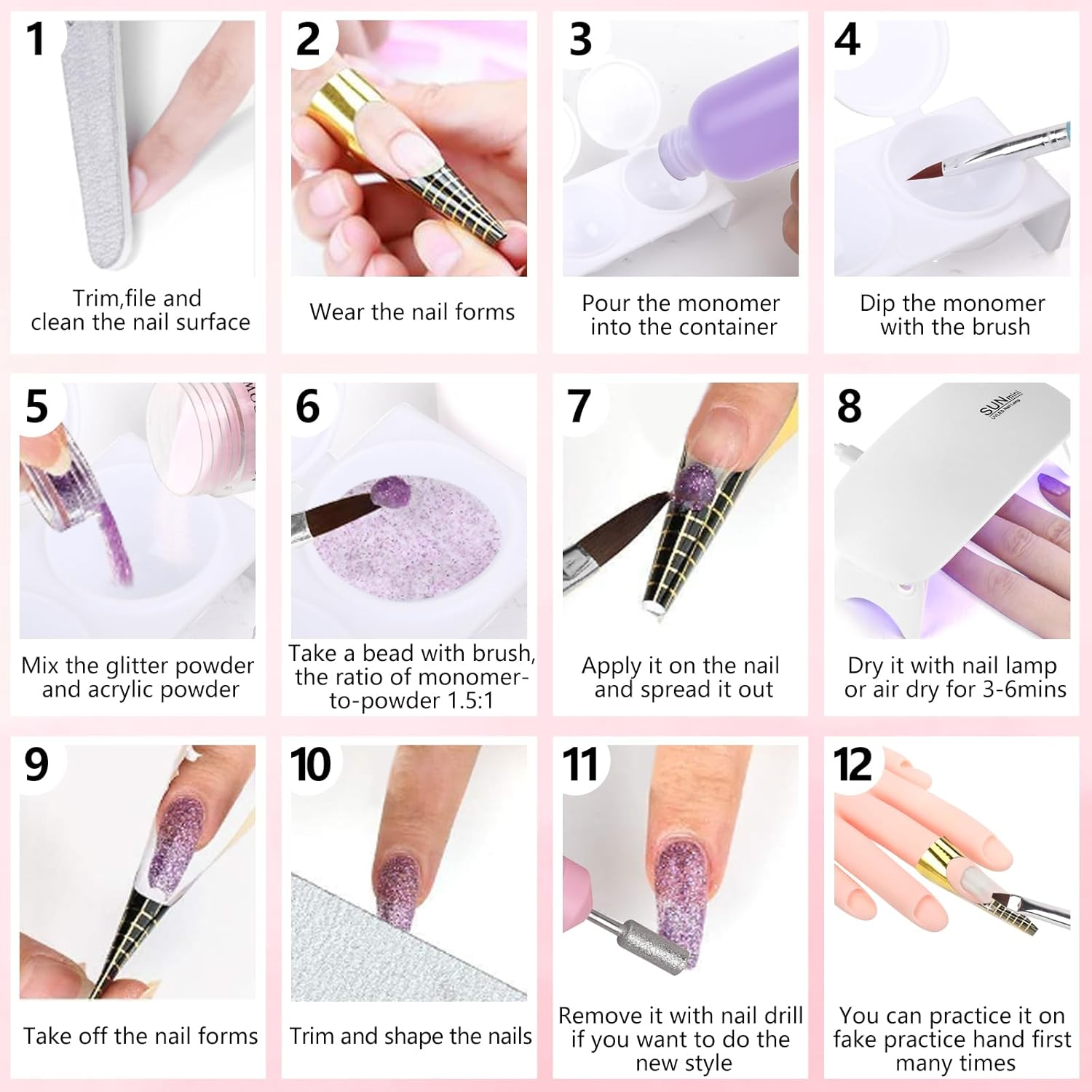 Professional Acrylic Nail Kit - Practice Hand Set with Powder, Brush, DIY Starter Kit for Beginners with Tips, Glue, and Glitter image number 6