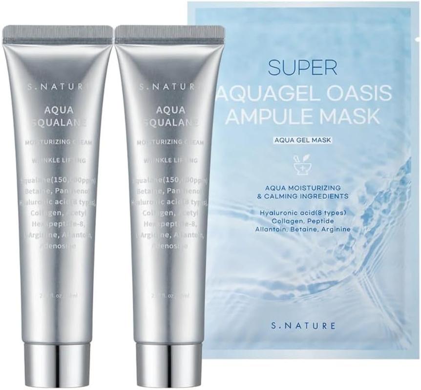Aqua Squalane Moisturizing Cream Double Pack (60Ml X 2EA) with Free Mask Sheet. Hydrating and Sebum Control, for Dry Oily Sensitive Skin, Cream Gel Formula, with Squalane and Hyaluronic Acid. Korean Beauty Promotion Set for S.NATURE