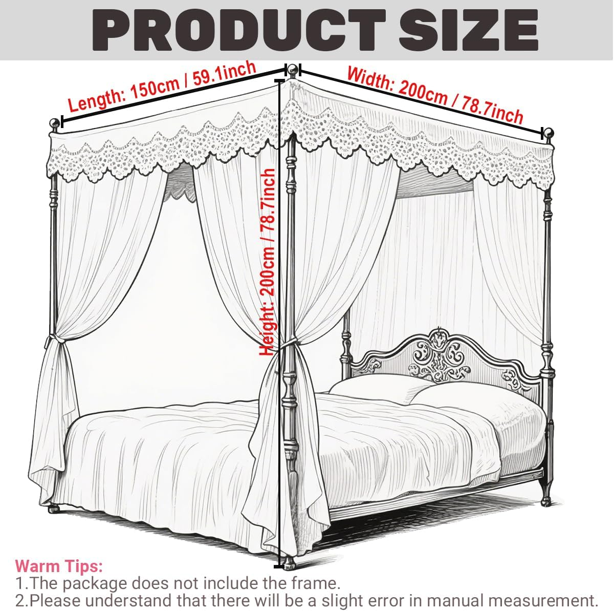 4 Corners Post Ruffle Princess Bed Canopy, Romantic Bed Drape Netting for Twin/Full/Queen/King Beds Mosquito Net Mesh for Girls Kids Adults Bedroom Dormitory Bed Curtains Canopy Bedding Decor image number 3