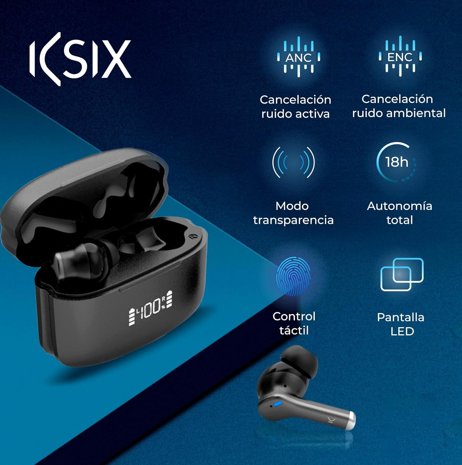 KSIX Noise Cancel 3 Wireless Bluetooth Headphones with Active Noise Cancelling ANC + ENC, HD Calls, Transparency Mode, LED Panel, True Wireless Stereo, Voice Assistants, 18 Hours Runtime image number 1