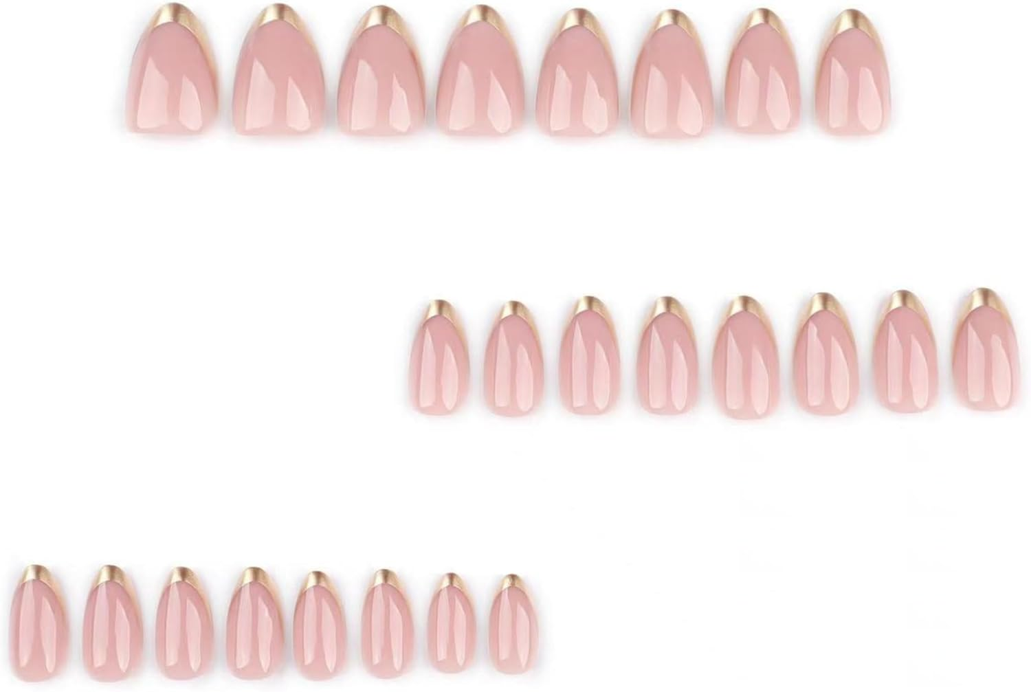 KAVI' S 24 Pcs Almond Stick on Nails, Glitter Pink Press on Nails Short Length, Stiletto Acrylic Gold Tip Fake Nails with Jelly Adhesive Tabs for Women Girls Nails Art image number 2