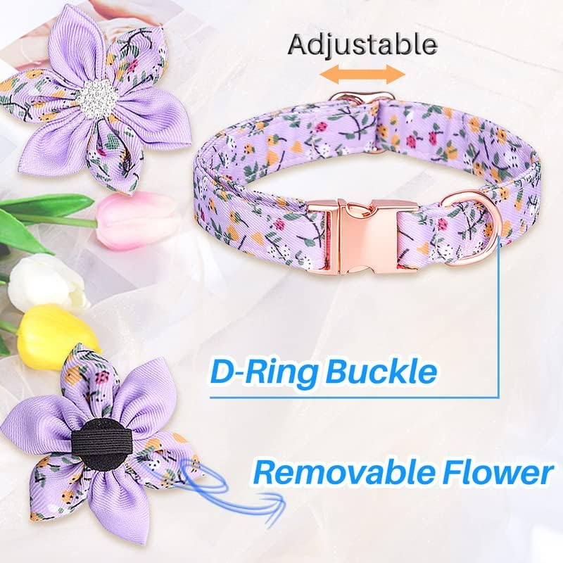 Kalevel Large Dog Collar Stylish Cat Collar Breakaway Pretty Soft Cotton with Floral Pattern Removable Flower for Rottweiler Large Dogs Green