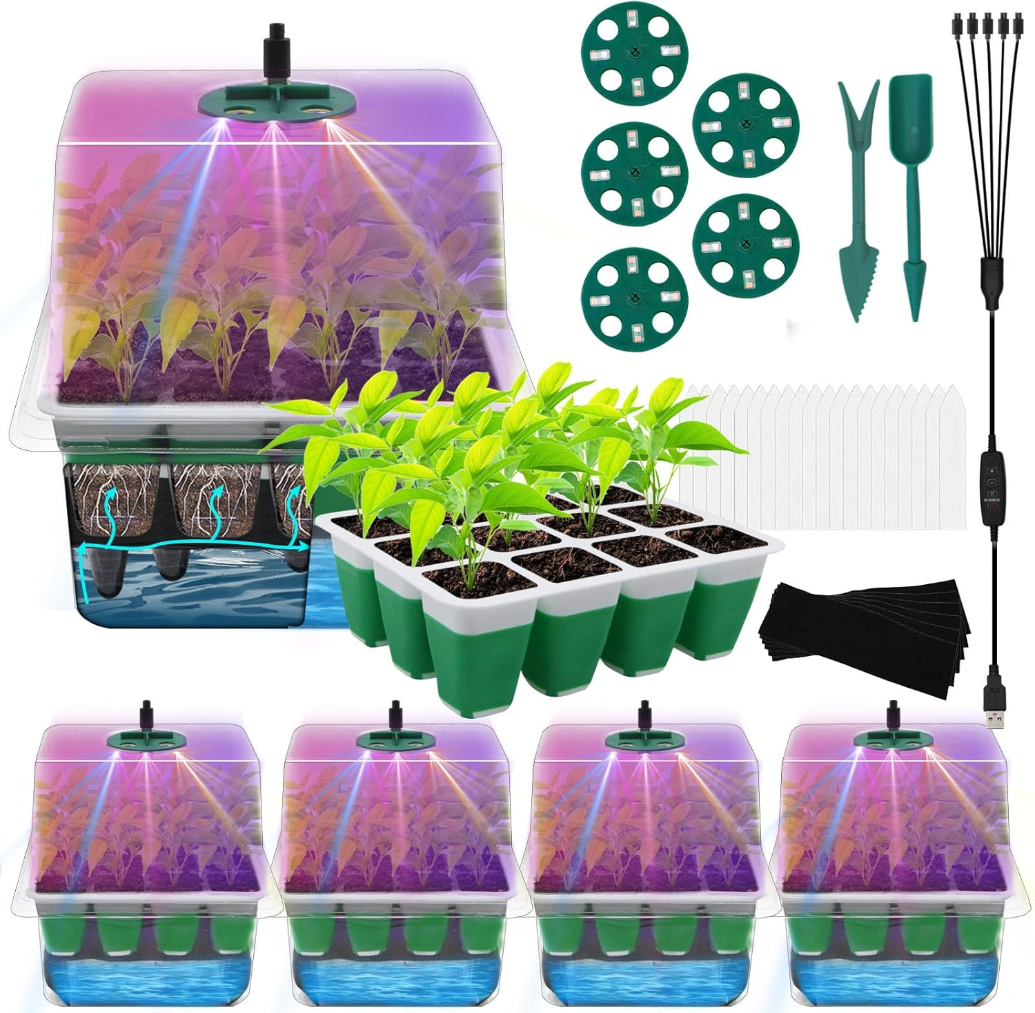 MQHUAYU Self Watering Seedling Tray with Grow Light, 5-Pack 60-Cell Reusable Seed Starter Kit with Soft Silicone, Plant Germination Trays with Humidity Dome for Seeding Planting Growing