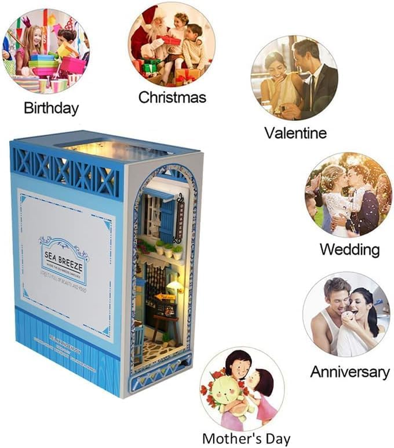 DIY Book Nook Kit 3D Wooden Puzzle Bookshelf Insert Decor with Light, DIY Miniature Dollhouse Model Kit Creative Bookshelf Insert Building Kits for Adults (Sea Breeze) image number 5