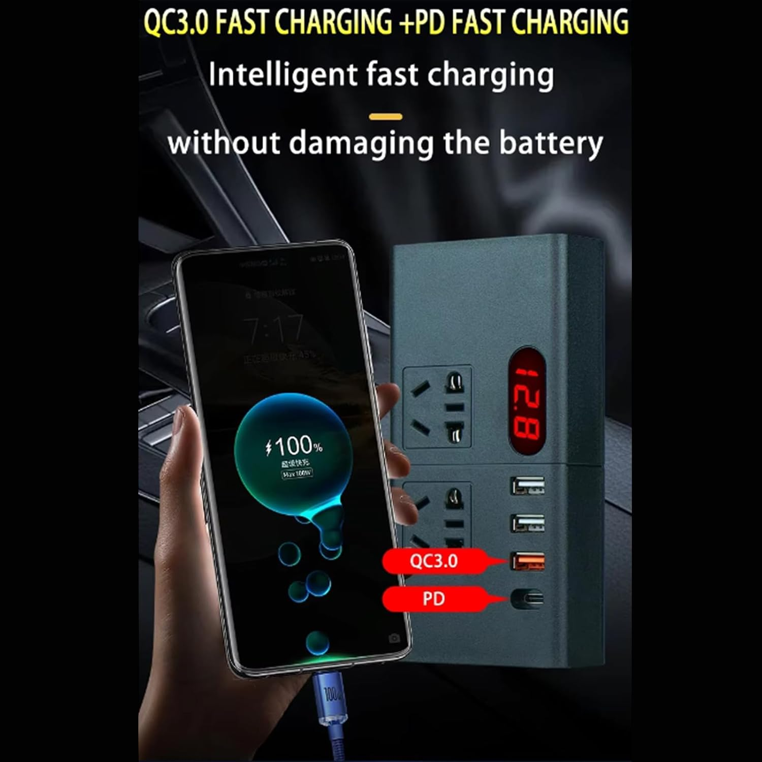 300W Car Power Inverter,Dc12V/24V Conversion Ac220V Power Converter USB Car Socket Charging Adapter Car Plug Converter with Switch and Current LED Screen,Suitable for SUV Car Truck image number 5