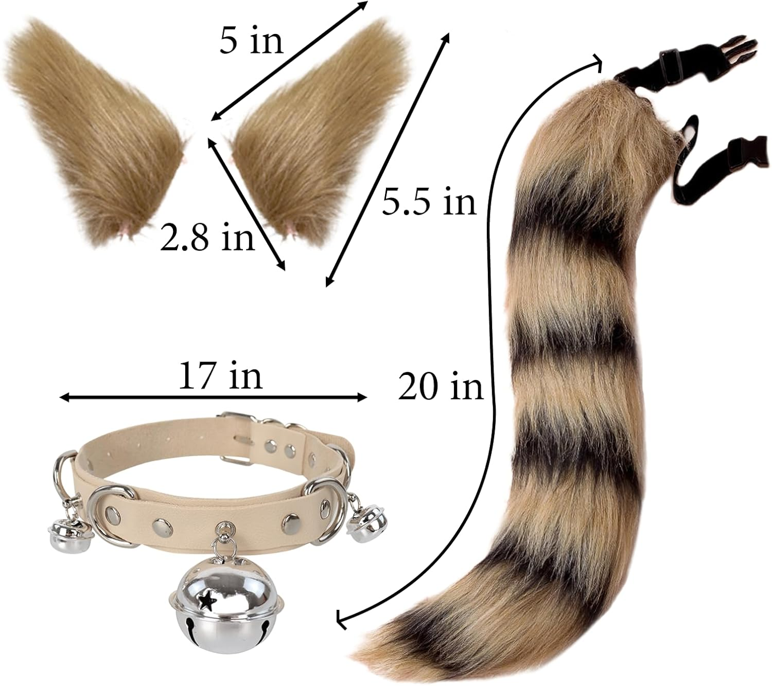 Handmade Cat Ears and Wolf Fox Animal Tail Cosplay Costume Faux Fur Hair Clip Headdress Halloween Leather Neck Chocker Set - Black White image number 2