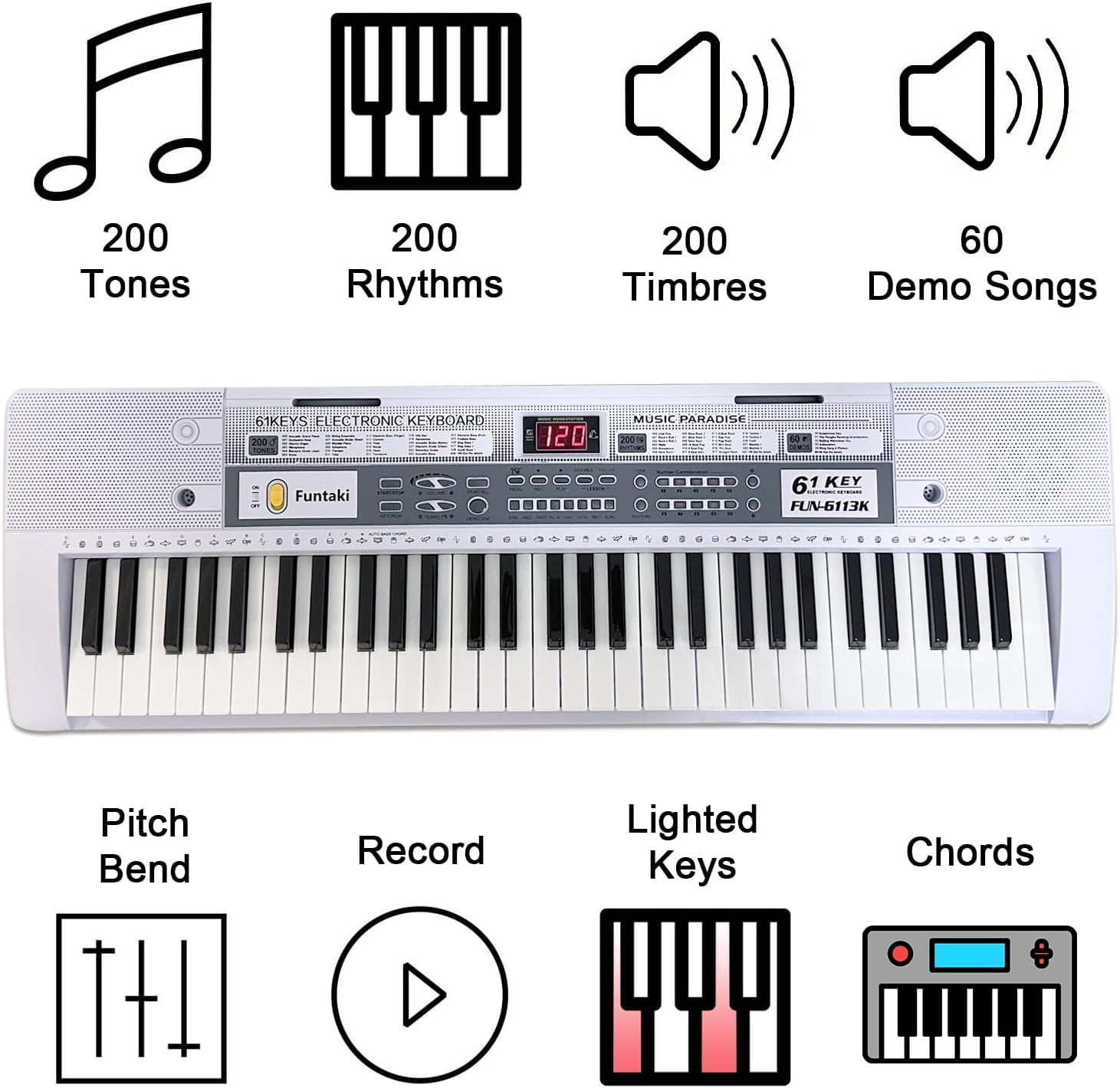 Funtaki 61 Key Electric Piano Keyboard with Lighted Keys, Digital Portable Synthesizer Keyboards with Stand, Mini Music Keyboard Pianos for Beginners Kids Adults, White image number 6