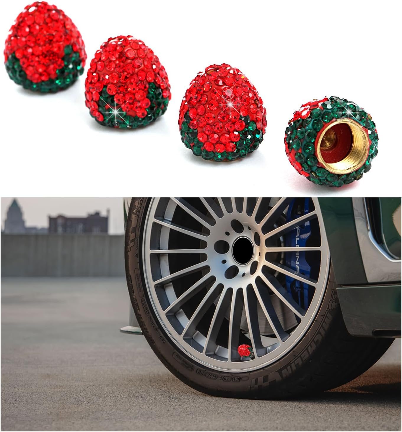 Ziciner 4PCS Strawberry Car Tire Valve Stem Caps, Bling Crystal Rhinestone Tire Valve Stem Covers, Dustproof Wheel Valve Covers for Women, Universal Car Accessories for Most Vehicles (Red)