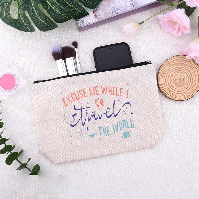 World Travel Gifts for Women Makeup Bags Birthday Christmas Xmas Gifts for Traveler Flight Attendants Friends Mom Daughter Trip Gift Excuse Me While I Travel the World Makeup Organizer Cosmetic Bag image number 2