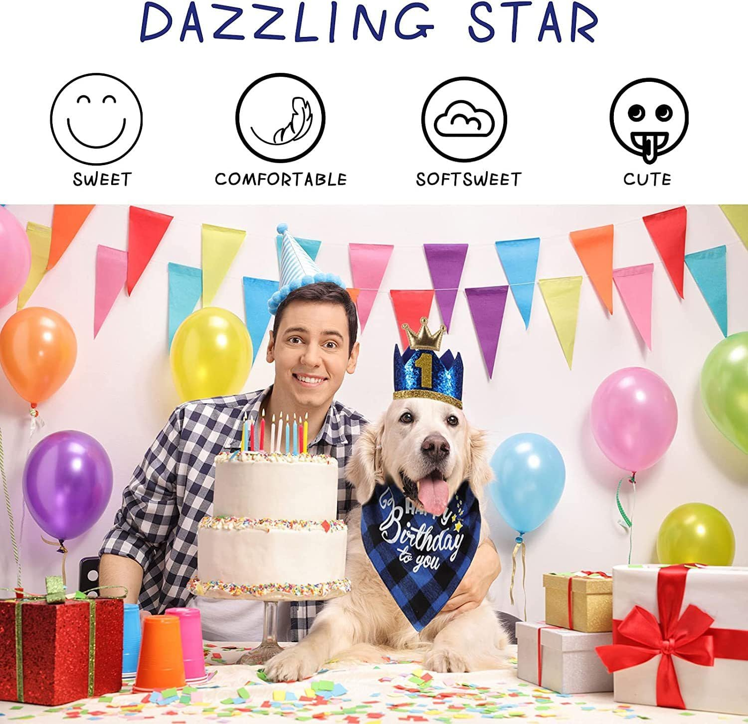 Dog Birthday Party Set, Blue Crown, Bow Tie and Bandana with Numbers, 4 Pieces image number 5