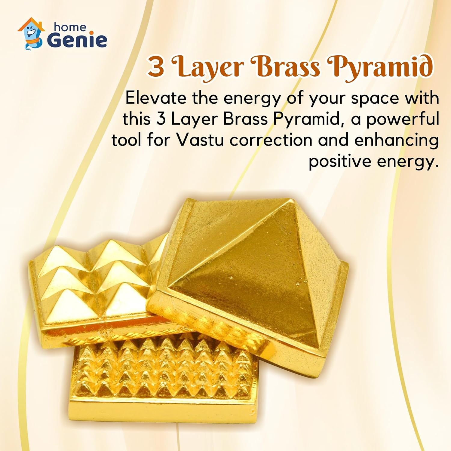 Home Genie 3 Layer Brass Pyramid for Vastu Correction, Positive Energy, and Home D&eacute;cor &ndash; Handmade Spiritual Tool (3X3Cm)