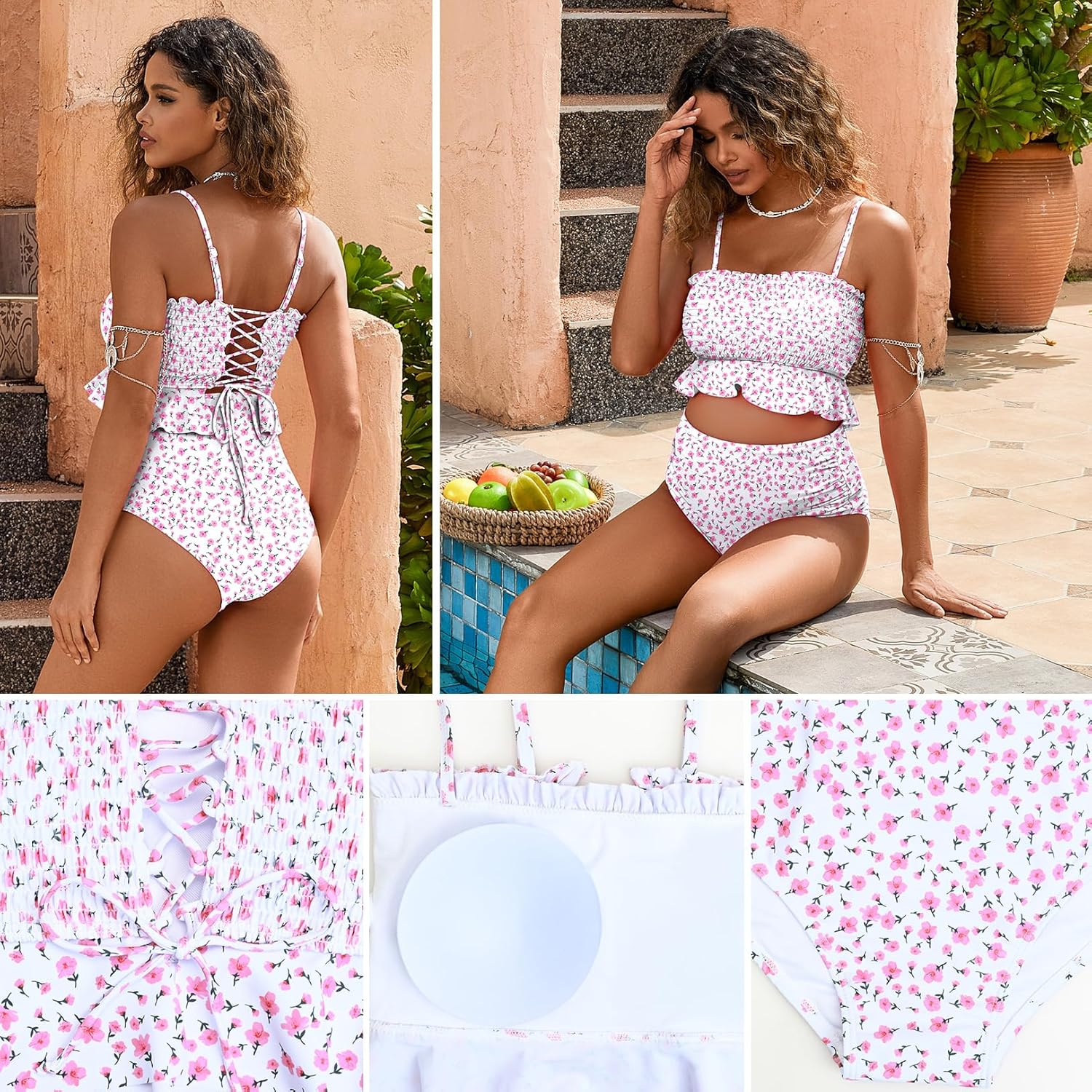 Maternity Swimsuit Two Piece Bikini Bandeau Top Hipster Bottom High Waisted image number 5