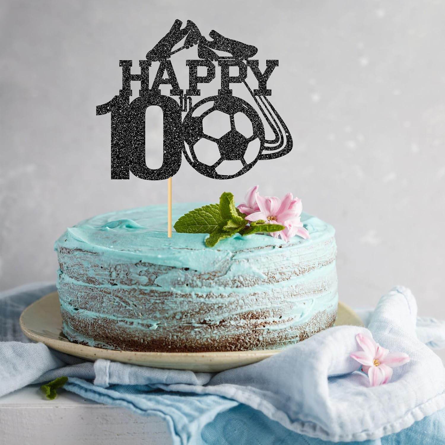 Monmon & Craft Soccer 10Th Birthday Cake Topper/Sport Theme Soccer Ball Cake Docer/Soccer Player Boy 10Th Birthday Party Decorations - Black Glitter image number 1