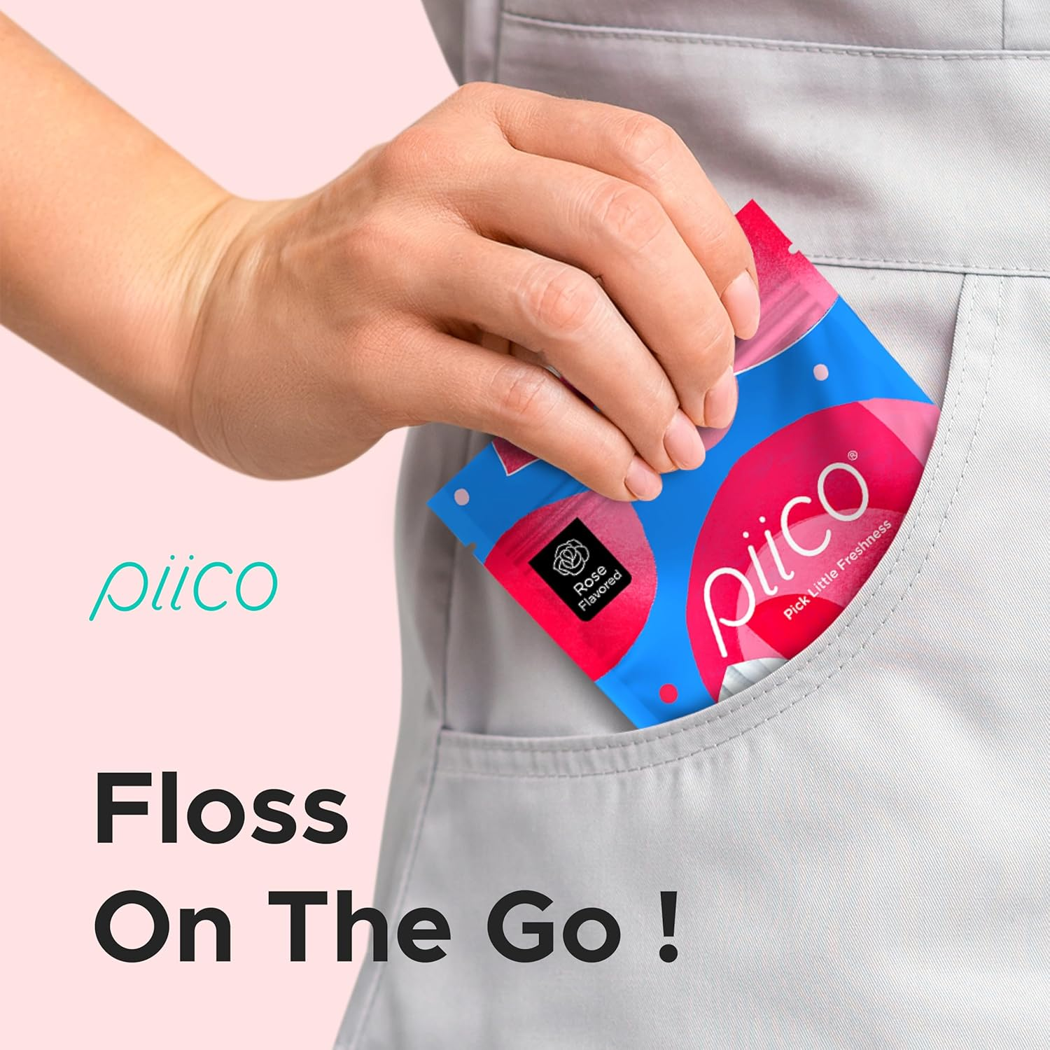 Piico Rose Floss Picks with Xylitol, 100 Counts, Unbreakable and Shred-Resistant Flossers for Adults, Resealable Pack, Long-Lasting Unique Flavored Dental Floss Picks, Doubles as Portable Dental Picks image number 2