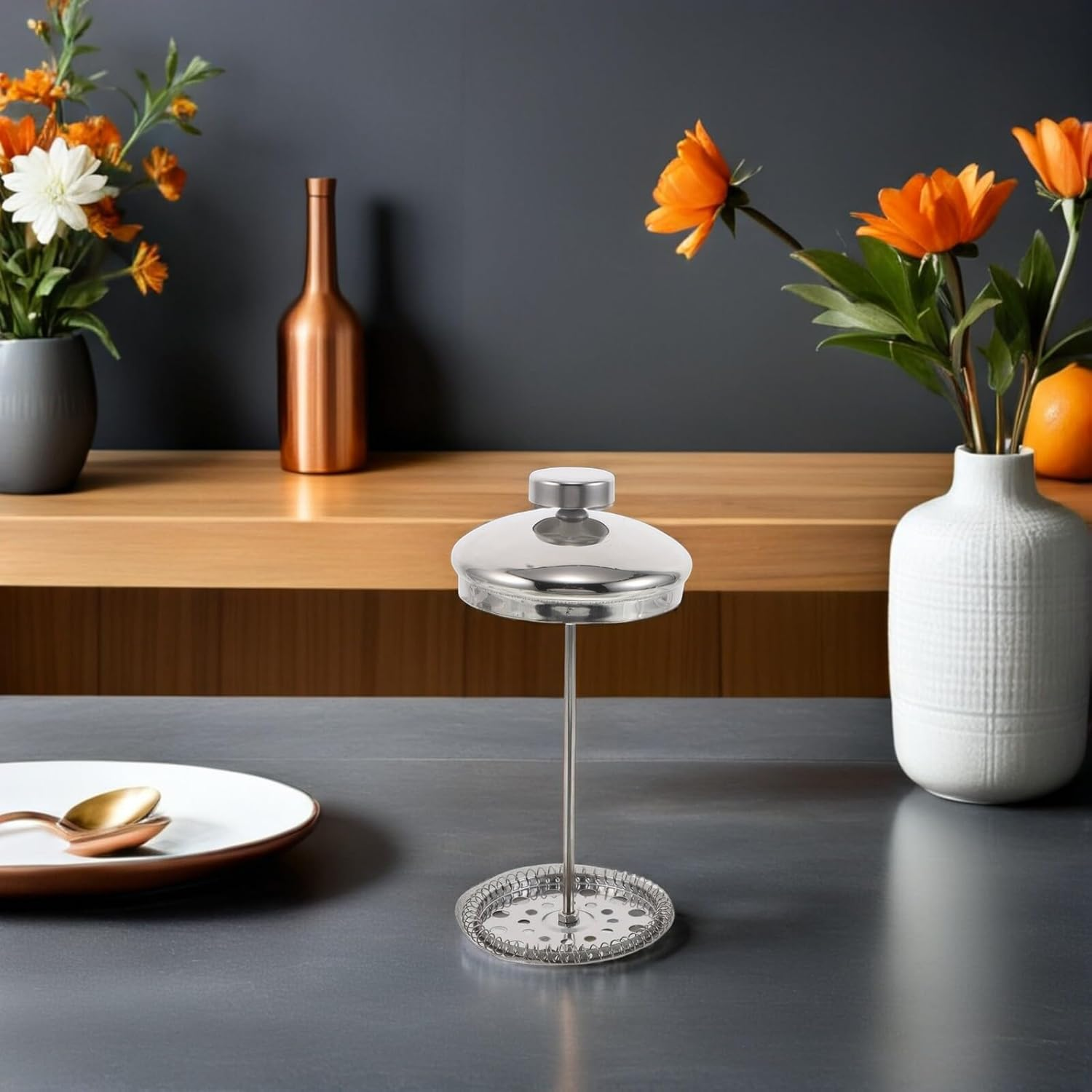 Hoement Stainless Steel Tea and Coffee Press Filter Screen Replacement for Pot Rust-Resistant Mesh Strainer with Ergonomic Handle and Cover Reusable Fine Mesh Infuser for Loose Leaf image number 1