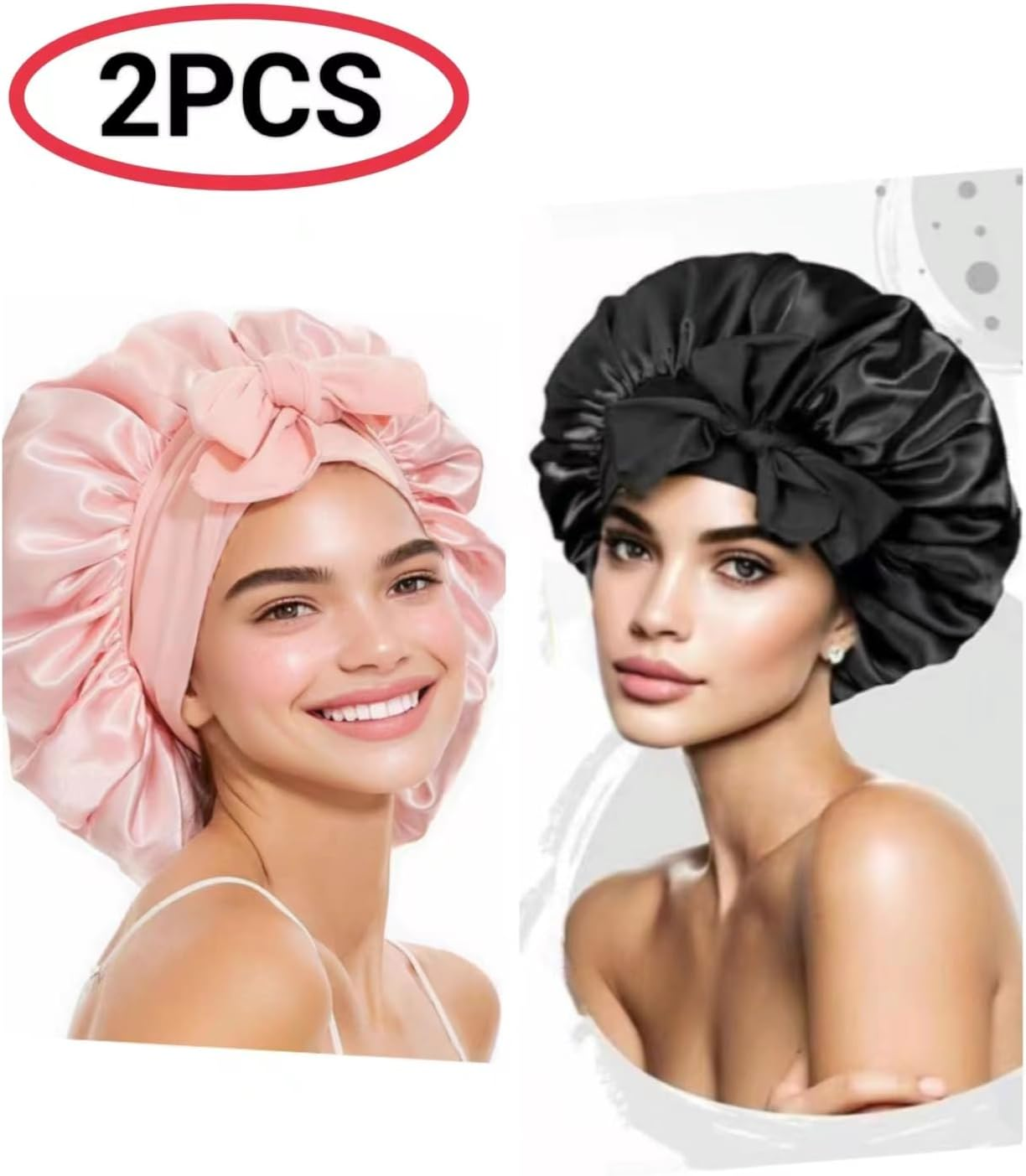 2 Pcs Large Silk-Like Bonnet for Sleeping, Satin Hair Bonnet for Sleeping with Tie Band, Silky Soft Night Satin Bonnets for Women Men Natural Curly Hair Shower Cap,Imitation Silk Sleep Cap image number 3