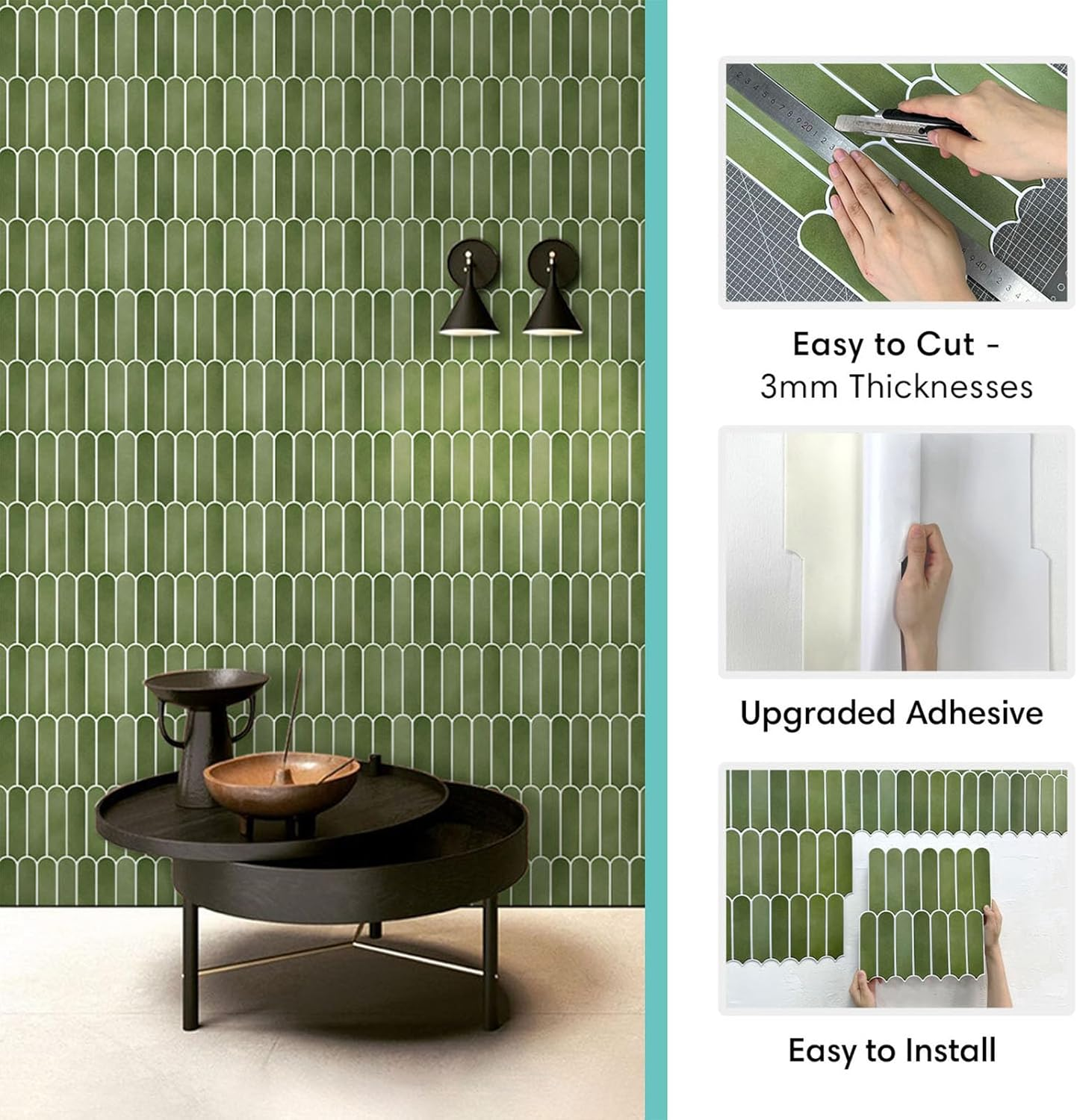 Commomy Peel and Stick Tiles, Stick on Tiles Backsplash for Kitchen and Bathroom, PVC Wall Tiles Interior Decor(30X30Cm, 10 Sheets, Matte Green) - Dark Green image number 5