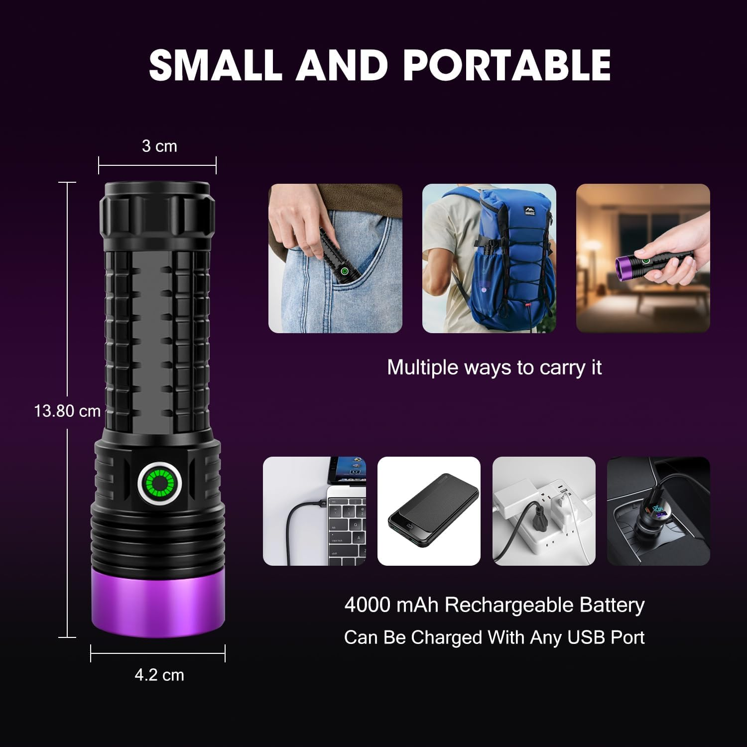 WEKUBA Black Light UV Flashlight, 30W 365 Nm Blacklight Flashlights Rechargeable HIGH Definition Ultraviolet Pet Urine Detector for Cat Urine, Stains, Bed Bug (Black) image number 2