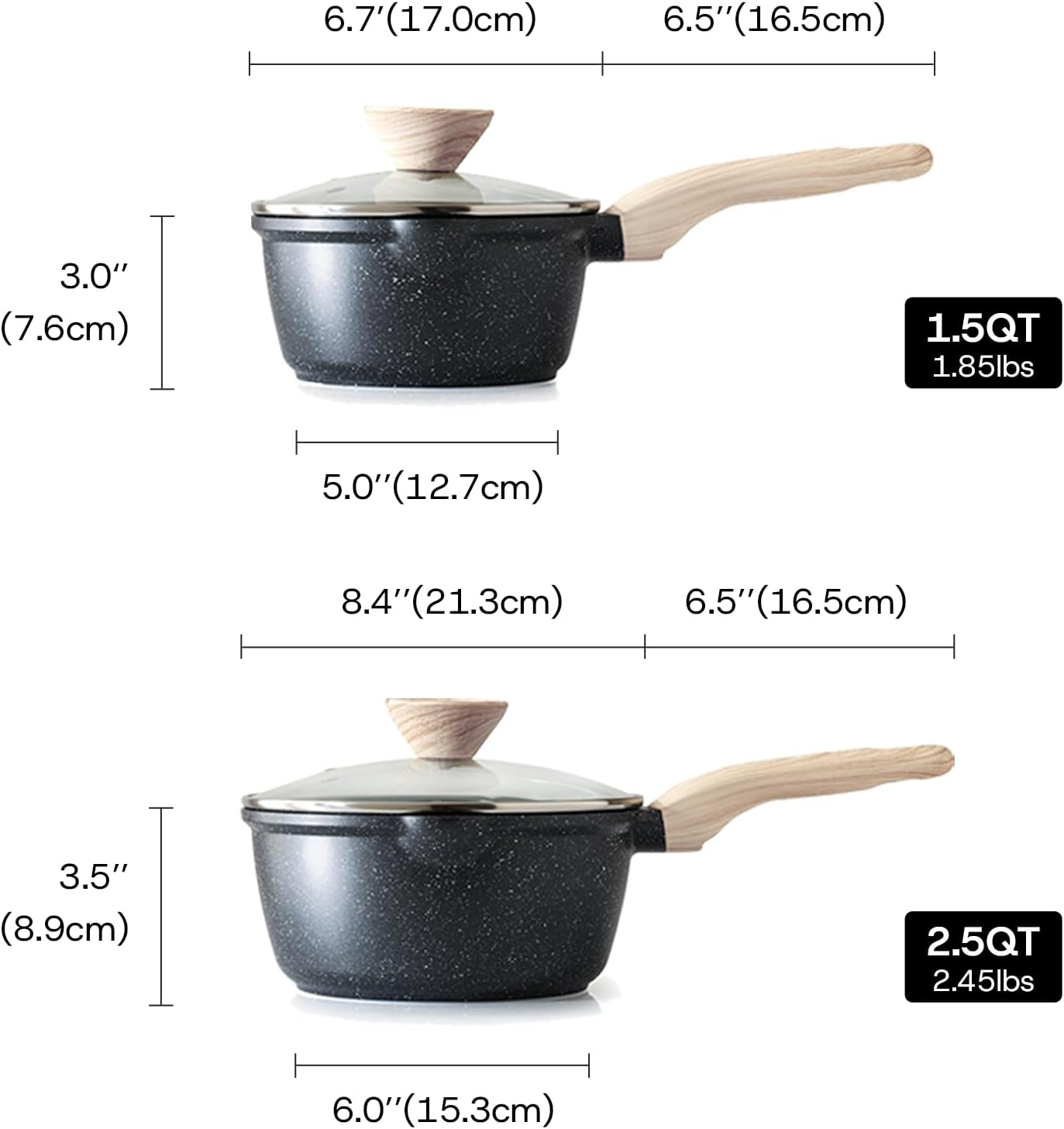 Kordisen Sauce Pan Set with Lid, 1.5Qt & 2.5 Qt Nonstick Cooking Pots with Pour Spout, Easy to Clean, Small Kitchen Induction Saucepan with Granite Coating, PFOA/PFOS Free (Black) image number 6