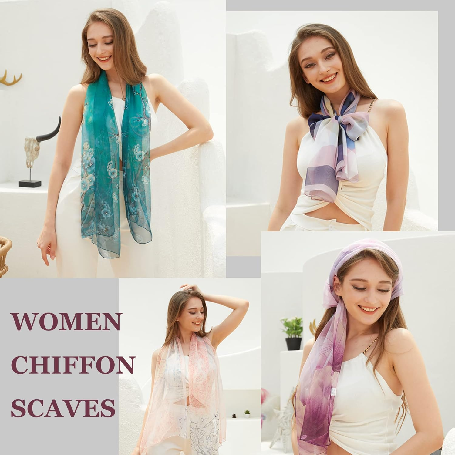 Floral Print Chiffon Scarf - Womens Fashion Scarfs Lightweight Head Scarf Sunscreen Scarves Shawls Wrap for Women - Black+White image number 5