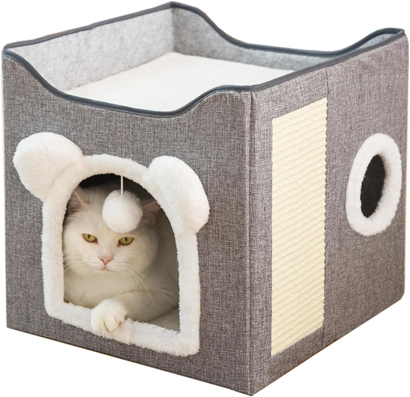 Cat Beds for Indoor Cats,Large Cat Bed for Indoor Cats with Fluffy Ball Hanging and Scratch Pad, Foldable Cute Pet Condos, Pet Cubes, Pet Hideaway with Rattan Mat, 2 - Level image number 1