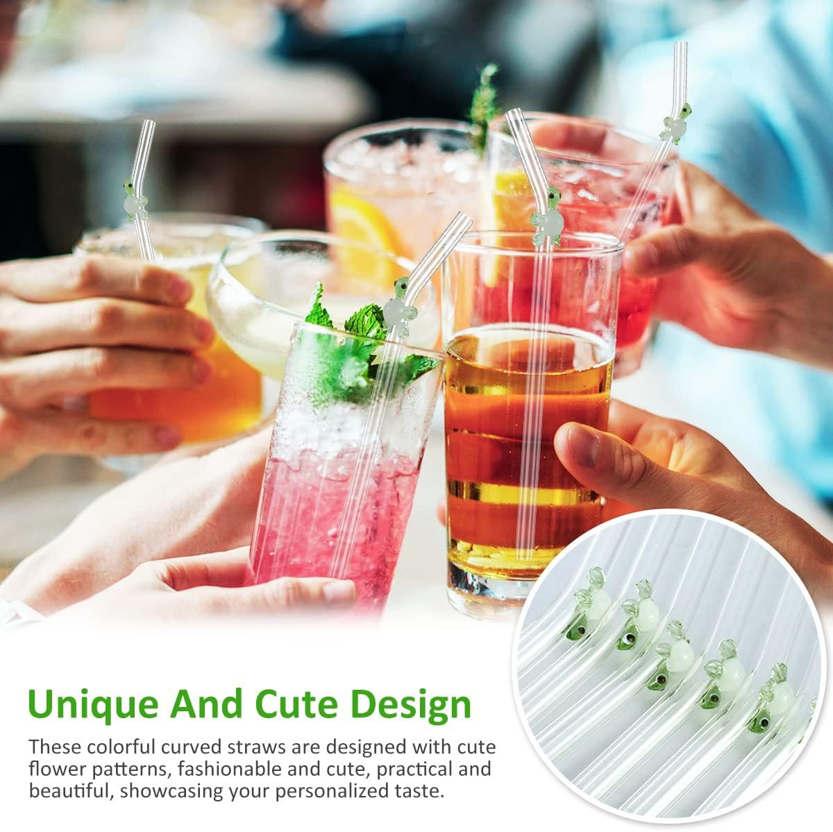6Pcs Reusable Drinking Straws Clear Glass Drinking Staws with Cleaning Brush Cute Flower Heart Straws for Smoothies Tea Juice Milkshakes (Turtle) - Flower image number 6