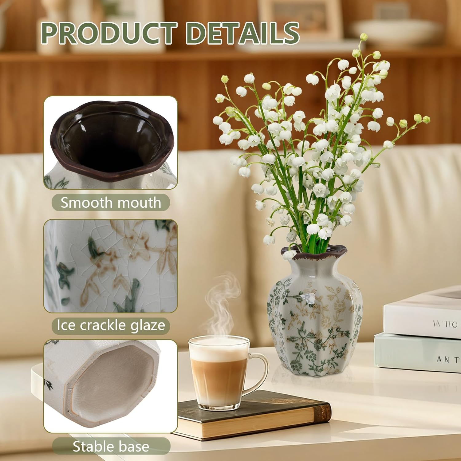 Vintage Ceramic Vase, Small Green and Beige Retro Ceramic Flower Vases, Chinoiserie Vase for Home Decor, Kitchen, Living Room, Bedroom and Shelf image number 1