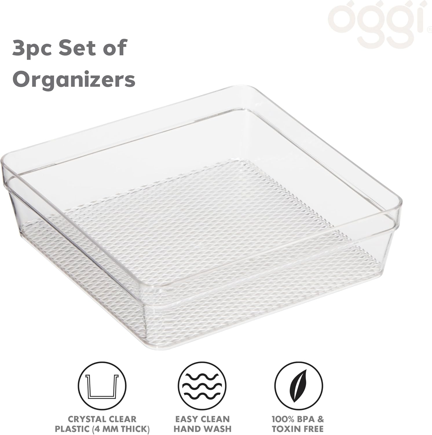 Oggi Set of 3 Clear Drawer Organizers - (1) 6X6.25, (1) 6.25X9.25, (1) 6.25X15.75 - Ideal for Organizing Kitchen Drawers, Office, Desk, Silverware, Kitchen Utensils, Cosmetics and Bathrooms image number 3