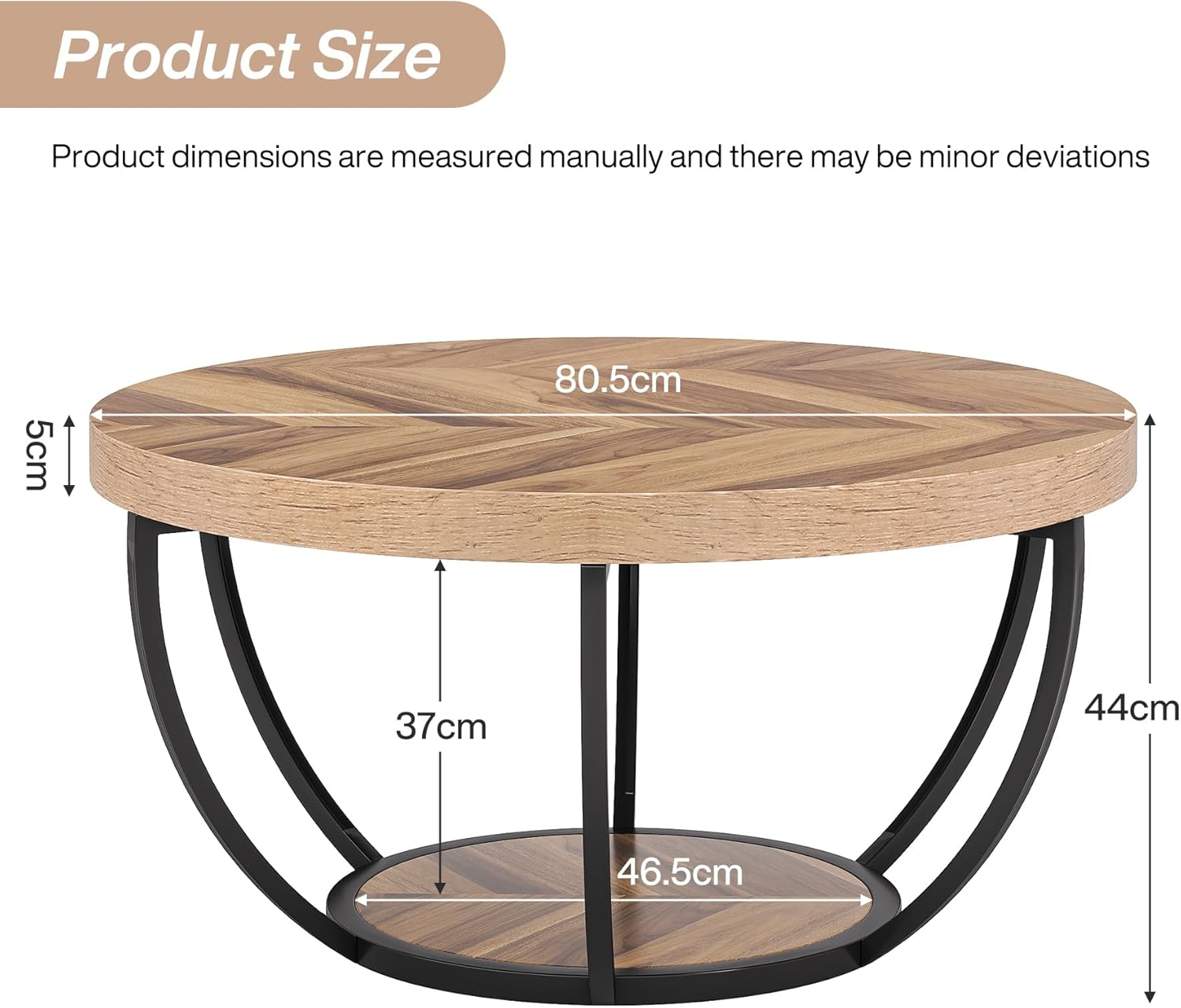 Tribesigns 80 Cm round Coffee Table, Industrial 2-Tier Coffee Table Storage, Modern Wooden Accent Center Desk Sofa Side for Living Room, Home Office, Wooden Grain and Black image number 6