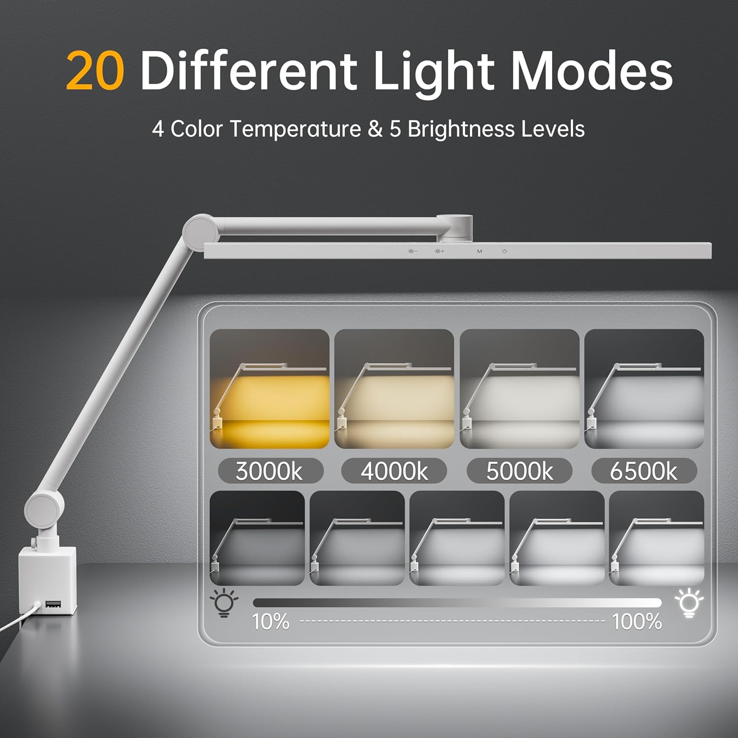 Deeloop 2-Arms Swing Long LED Desk Lamp with Clamp, CRI 95+ Eye-Caring Light, USB Charging Output, 2-Hour Timer, Dimmable Desk Light with Memory, Architect Desk Lamps for Home Office Reading &Monitor image number 2