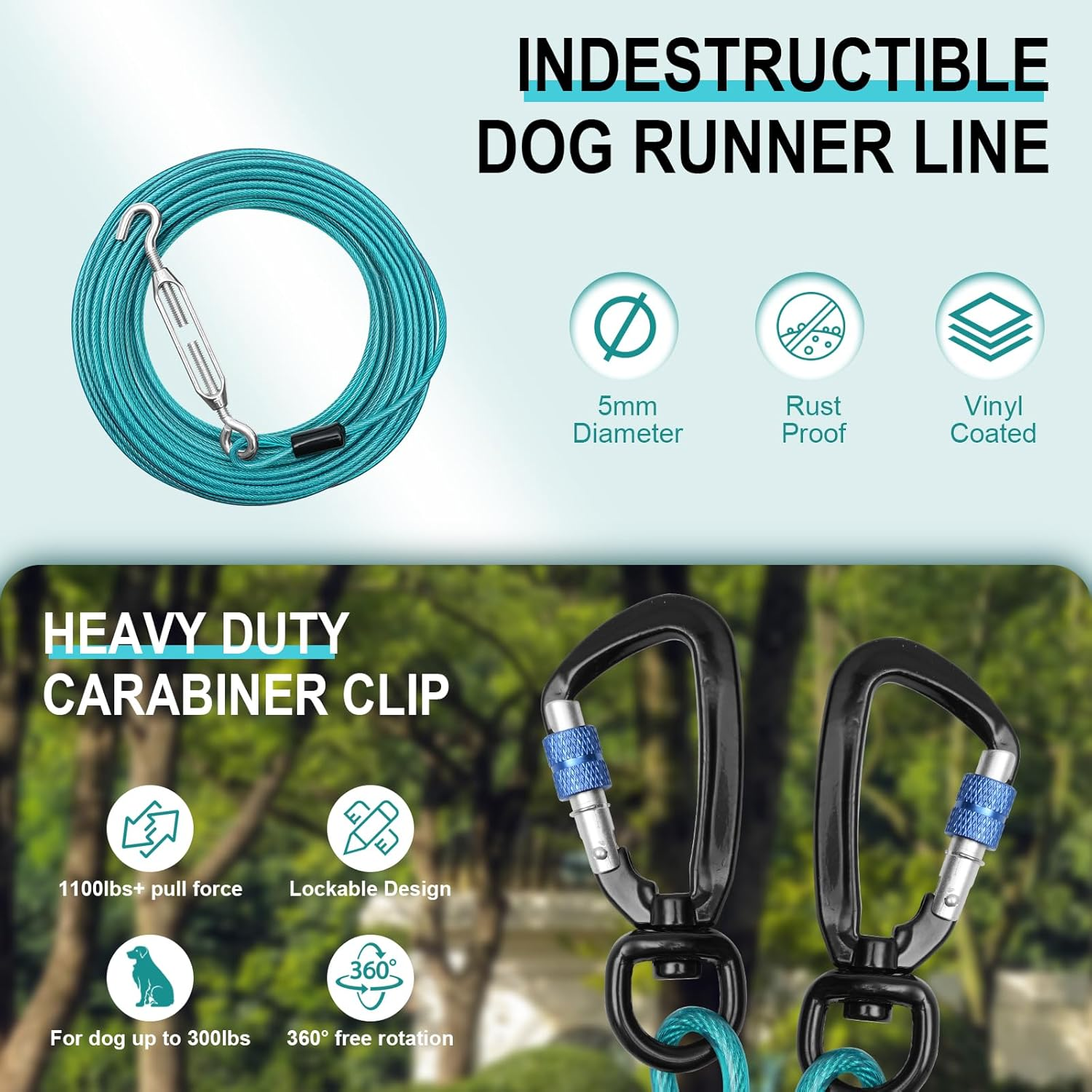 Libbipaw Dog Trolley System - Tangle Free & Shock Absorbing Heavy Duty Runner for Large Dogs up to 300 Lbs, 100 Ft Cable with 15 Ft Leash - Backyard, Park, Camping(100Ft)