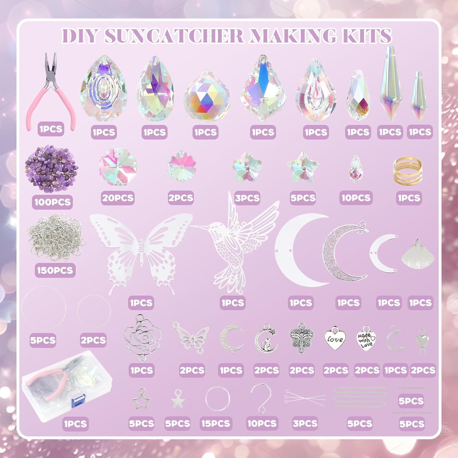 ASTNIC 400Pcs Crystal Suncatchers Making Kits,Diy Sun Catchers Making Supplies Kit Silver Butterfly Hummingbird Hanging Prism Ornament Crystal Ball Rainbow Maker for Window Home Garden Christmas Decor image number 3