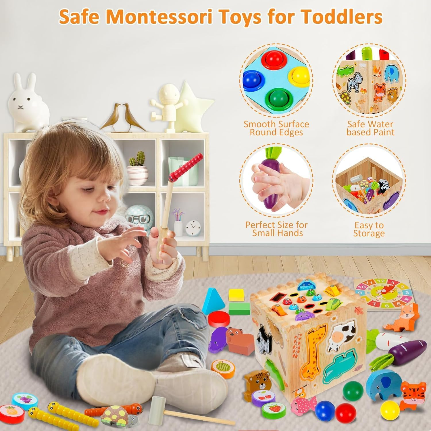 Wooden 8-In-1 Activity Cube, Toddlers Montessori Toys for 1 2 3 Year Old Educational Learning Preschool Learning Motor Skills Game Toy for Baby Boys Girls Birthday Gift image number 1