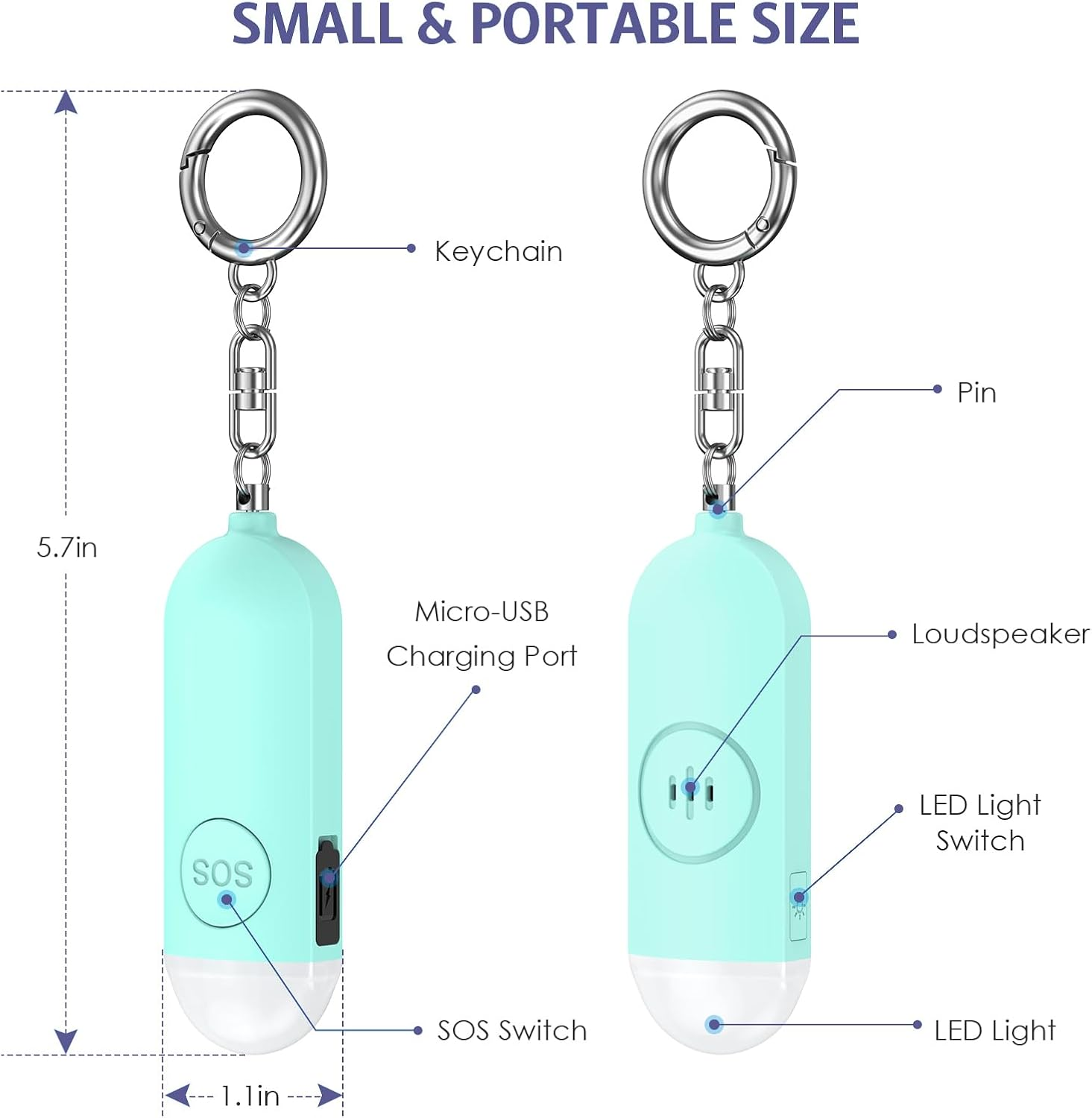 OQIMAX 2Pcs Personal Alarm for Women, 130 Db Siren USB Rechargeable Alarm Keychain & Safety Alarm with LED Flashlight Small Loud Personal Alarm Keyring for Women Children Seniors Blue - Blue+Blue image number 3