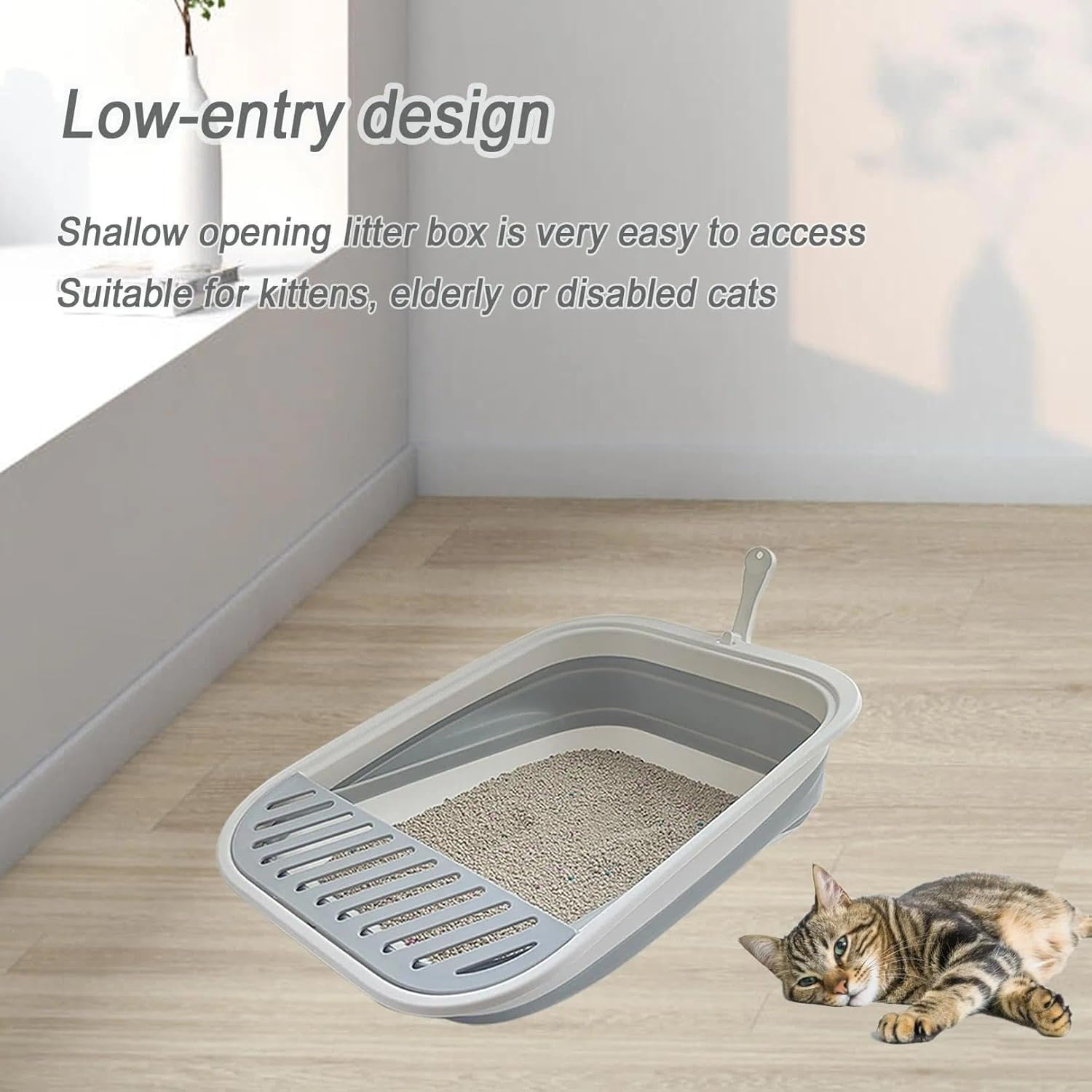 CRFY Collapsible Kitten Litter Box, 17.7 X 13.4 X 5 Inch Open Cat Potty Pan with Scoop Foldable Shallow Cat Toilet Anti-Splashing Low Entrance Travel Litter Box with Falling Sand Pedal Grey - Pink image number 5