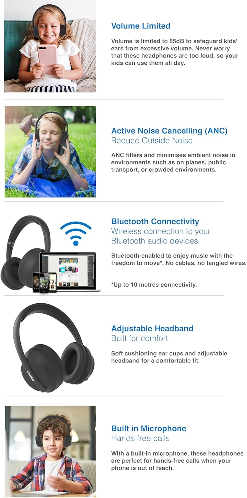 Laser ANC Kids Wireless Bluetooth Headphones, Active Noise Cancelling, Safe 85Db Volume Limit, up to 10-Hour Battery Life - Comfortable Fit with Adjustable Headband, Soft Cushioned Ear Cups, Black image number 4