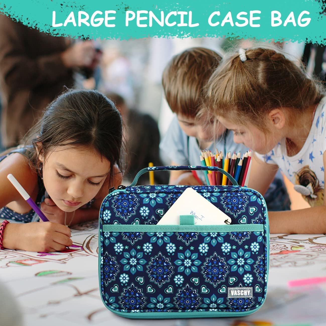 Large Pencil Case,Vaschy Art Supply Marker Organizer Big Pen Pouch with 3 Detachable Layers Slots Multiple Zipper Pockets for Kids Adults School Office Blue Snowflake