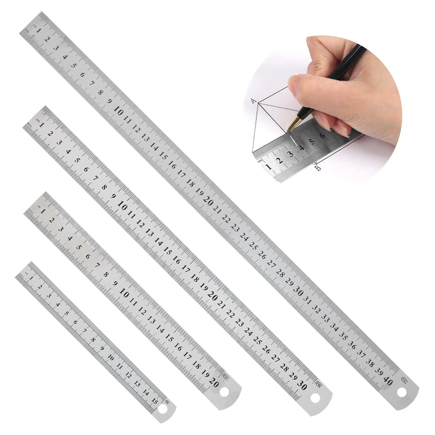 Stainless Steel Ruler, Metal Ruler Set of 4 15Cm 20Cm 30Cm 40Cm with Double Scale Edge, Measuring Tool Metal Steel Ruler, for Home School Office Daily Use, with Inch and Metric Graduation image number 4