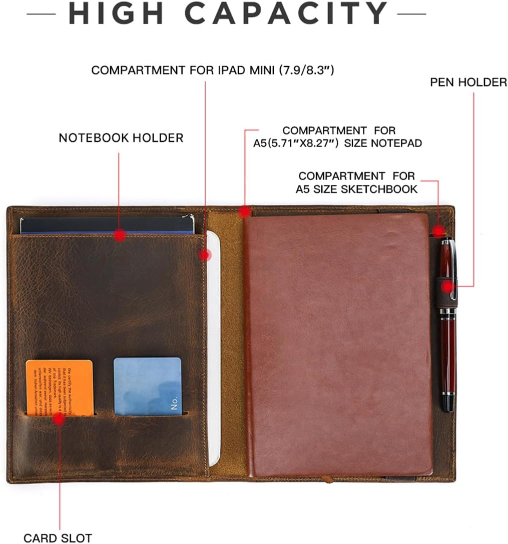 Contacts Full Grain Leather Portfolio for Men Legal Pad Padfolio Folder Binder Organizer Notebook Holder Fit 7.9" Ipad and A5 Size Document image number 6