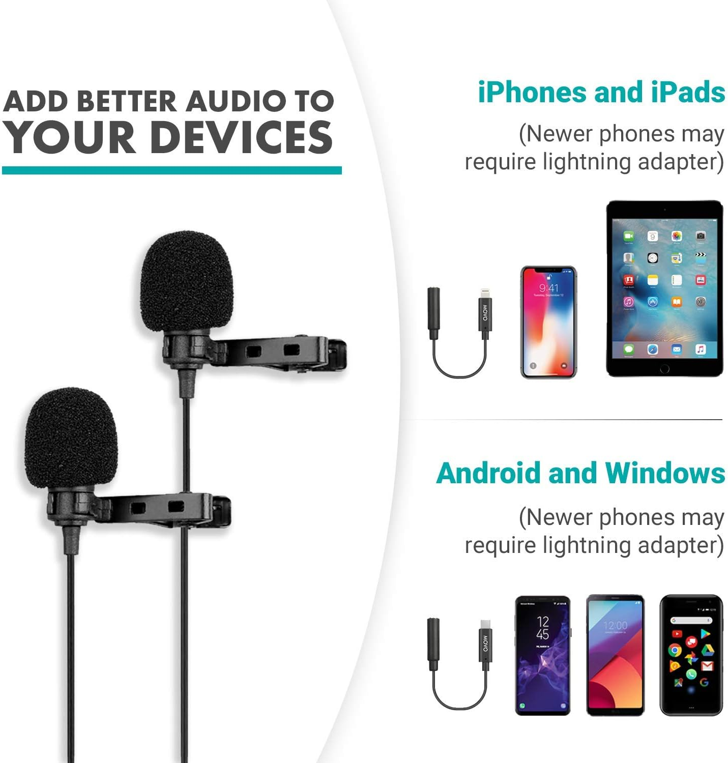 Movo PM20 Dual-Headed Lavalier Lapel Clip-On Omnidirectional Condenser Microphone for Apple Iphone, Ipad, Ipod Touch, Android and Windows Smartphones image number 5