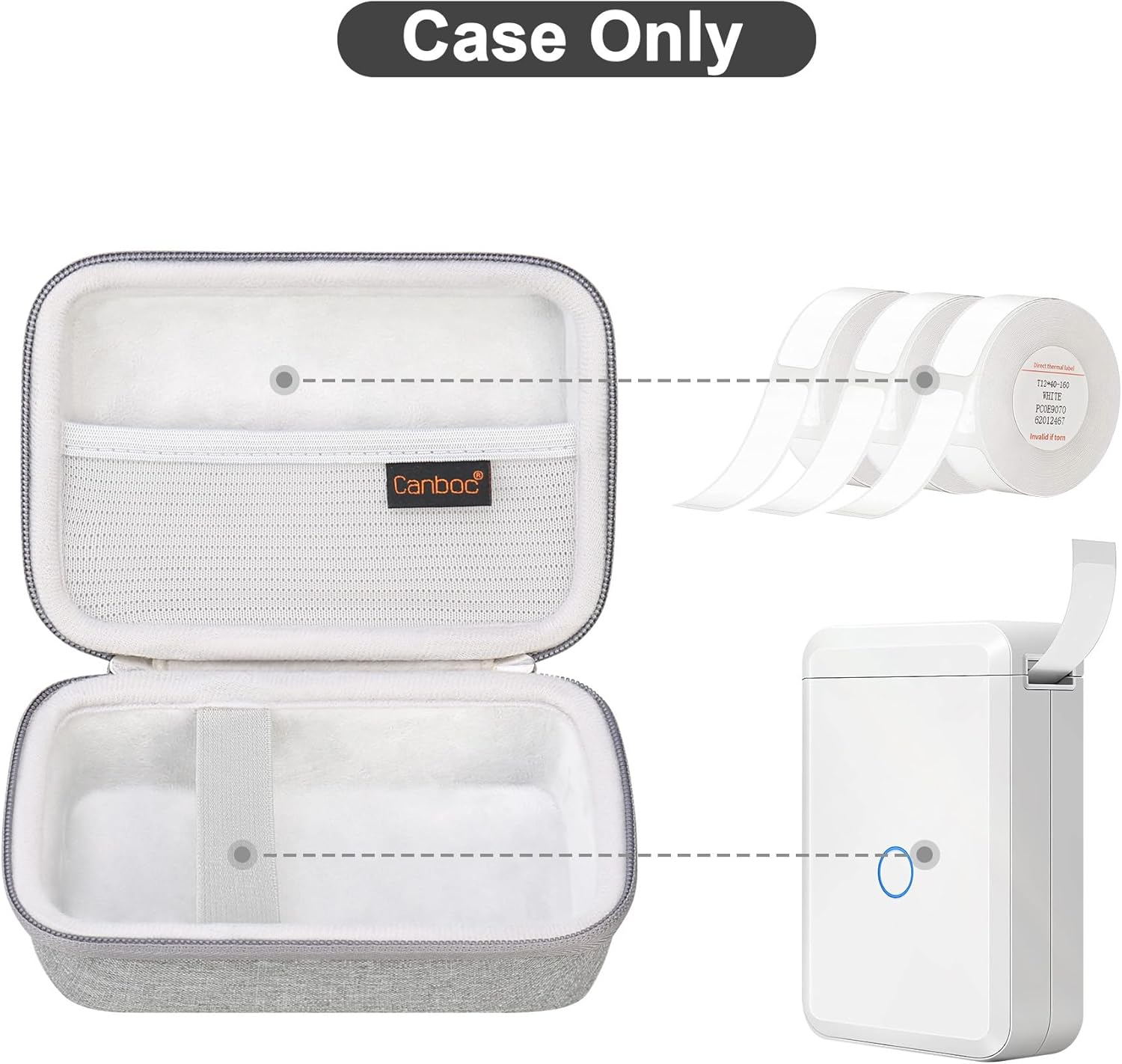 Canboc Hard Carrying Case for JADENS D110 Label Maker Machine, Portable Bluetooth Label Printer Box, Zipper Mesh Bag Fits Label Paper and Charging Cord,Grey