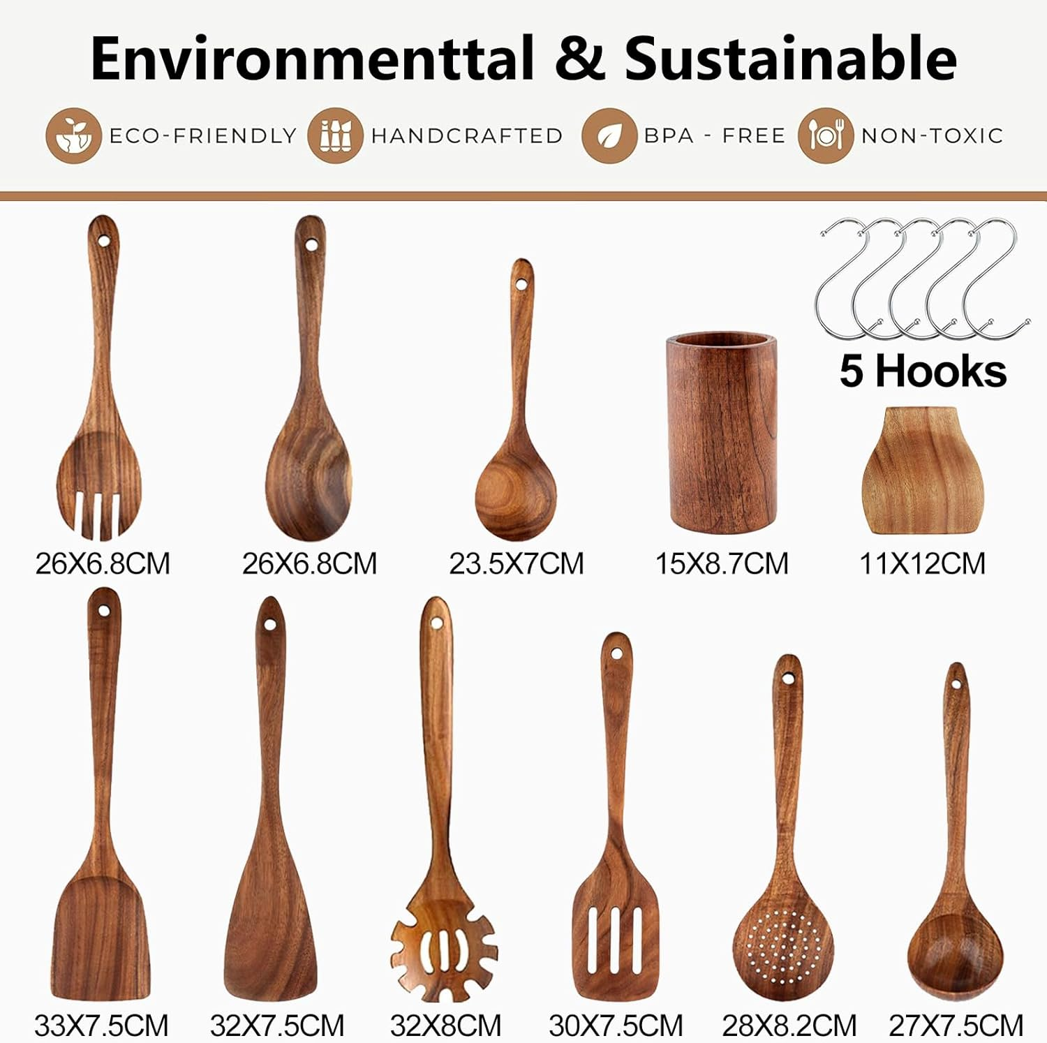 CATZONS 11 Pcs Wooden Cooking Utensils Set - with Holder & Spoon Rest, Smooth Finish Comfort Grip Teak Spatula Set image number 3