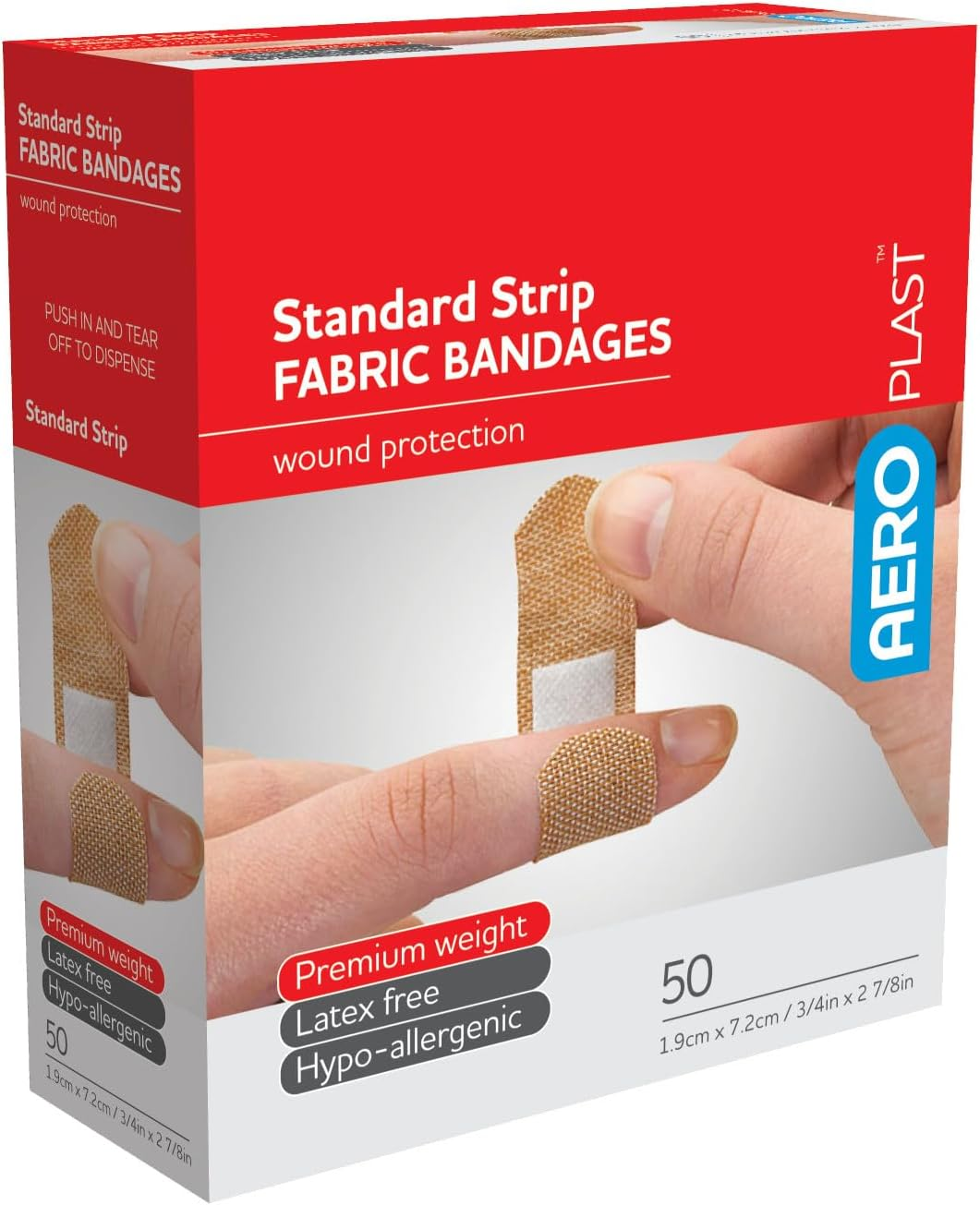 AEROPLAST Premium Fabric Standard Strip Plasters with Strong Adhesion, Breathable Hypo‑Allergenic Latex‑Free Dressing for Sensitive Skin, Conforming Flexible Protection, 1.9 Cm X 7.2 Cm, Box of 50