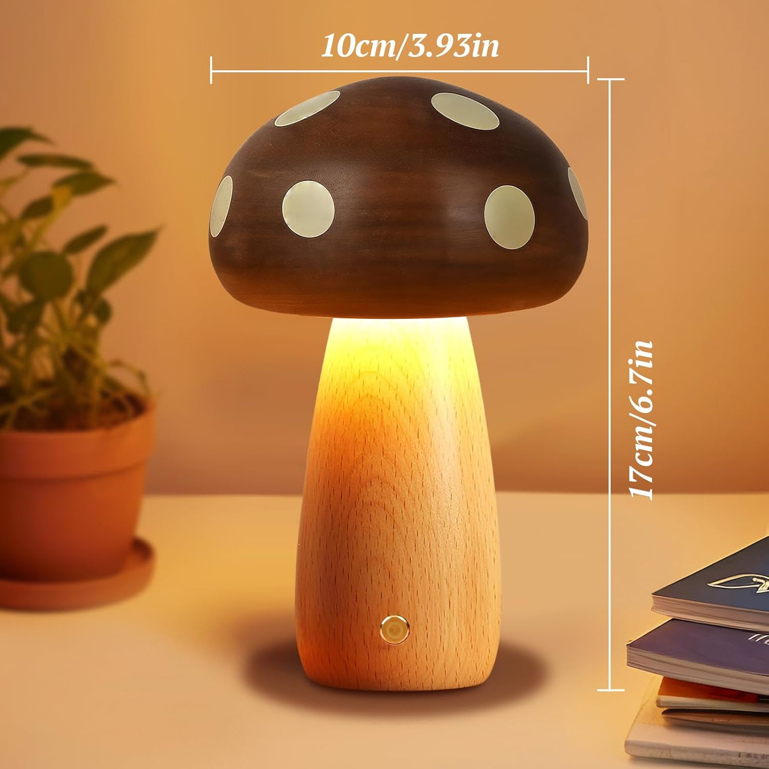 RUIOMII Touch Cordless Mushroom Lamp,5 Levels Brightness Small Wood Mushroom Night Light for Bedside Bedroom Home Include USB-C Port Charging Cable