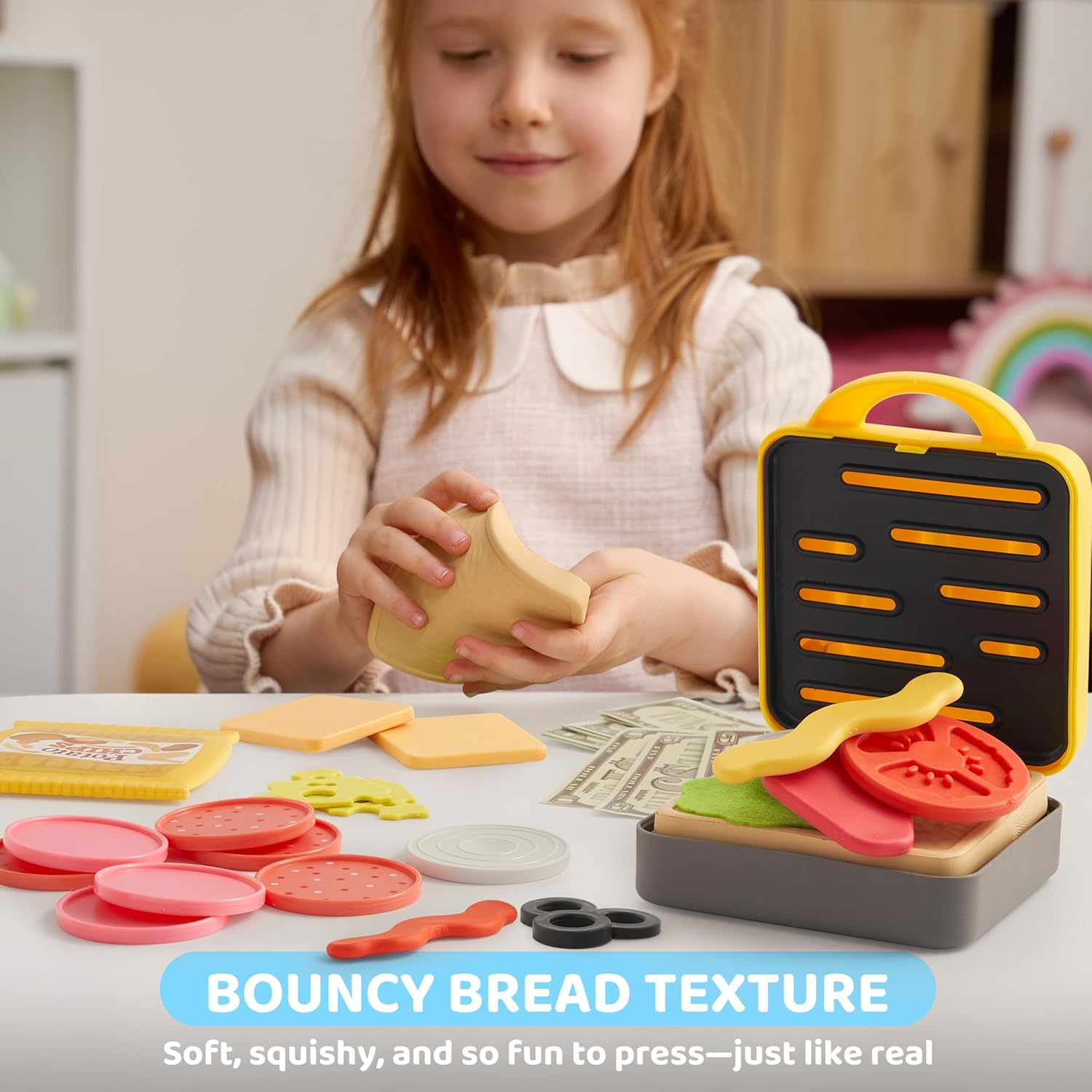 Pretend Play Food Toy for Kids Toddlers, Play Kitchen Accessories Include Sandwich Maker Toy with Slicer for Ham, Menu and Ingredients, Play Restaurant Food Toy for Girls Birthday Gift image number 4
