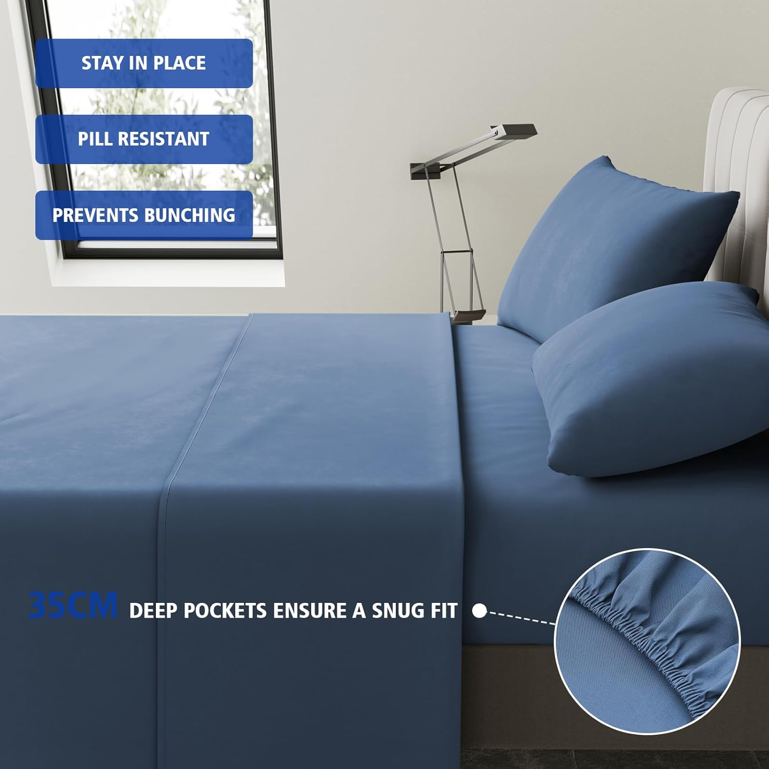 Fitted Sheet Set of 4,Ultra Soft Microfiber Bedding,Extra Deep Fitted Sheet 182X203Cm,2 Pillowcases,1 Flat Sheet,King Size,Blue - Black image number 6