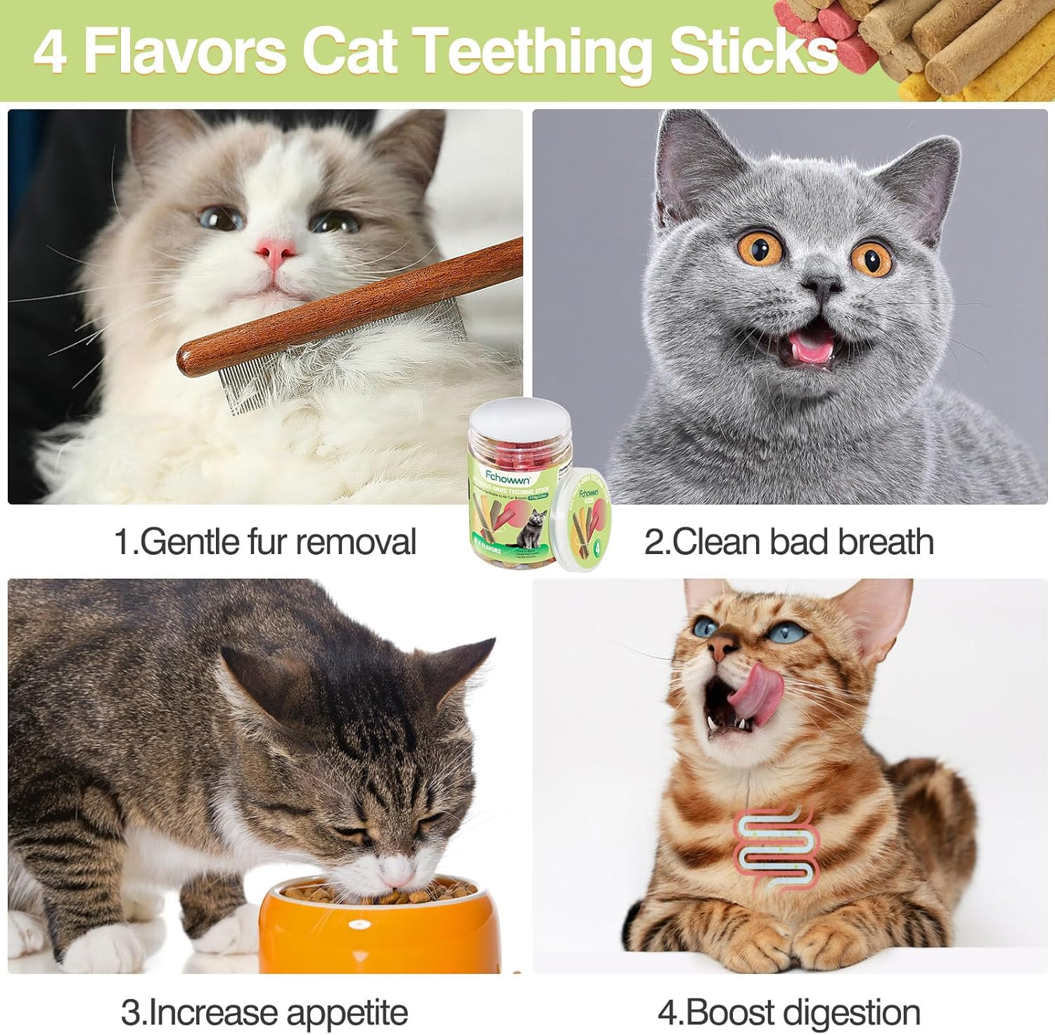 4 Flavors/110G Freeze-Dried Cat Treats,Natural Crunchy Cat Treats,Chew Sticks for Cats,Cats Dental Healthy and Hairball Control,(Beef,Cat Grass Salmon,Chicken Pumpkin,Chicken Dragon Fruit) image number 6