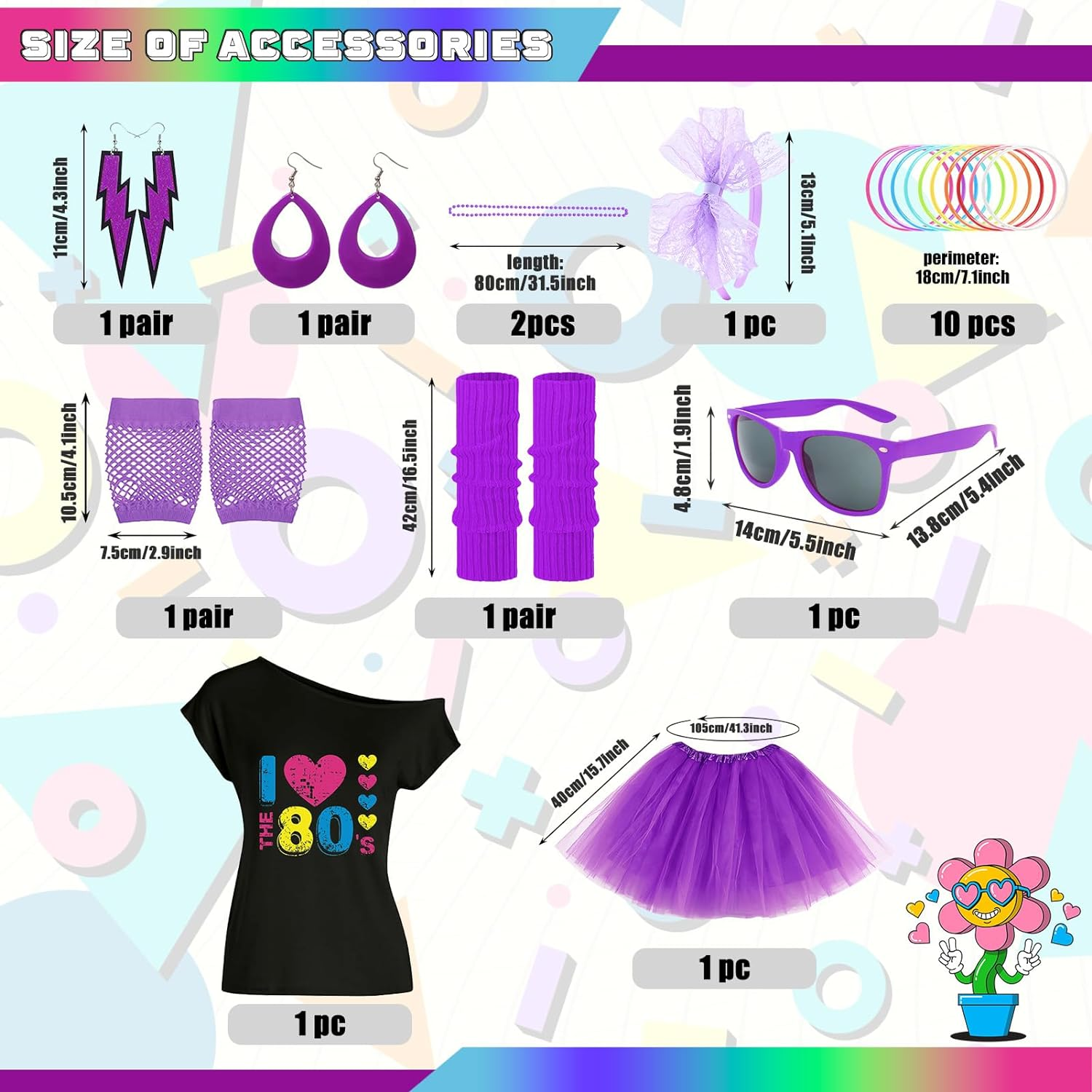 80S Fancy Dress for Women 80S Costume Accessories Set Lips Print T-Shirt Adult Tutu Skirt Lace Headband Neon Earrings Necklace Leg Warmers Fishnet Gloves Bracelet