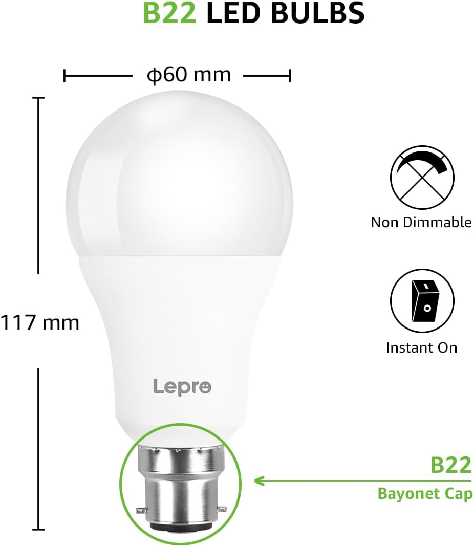 LE Lepro Bayonet Light, 100W Incandescent Equivalent, 13.5W B22 LED Bulbs, Super Bright 1521 Lumen Lightbulbs, Warm White 2700K, Non-Dimmable, Pack of 6, 13.5 W